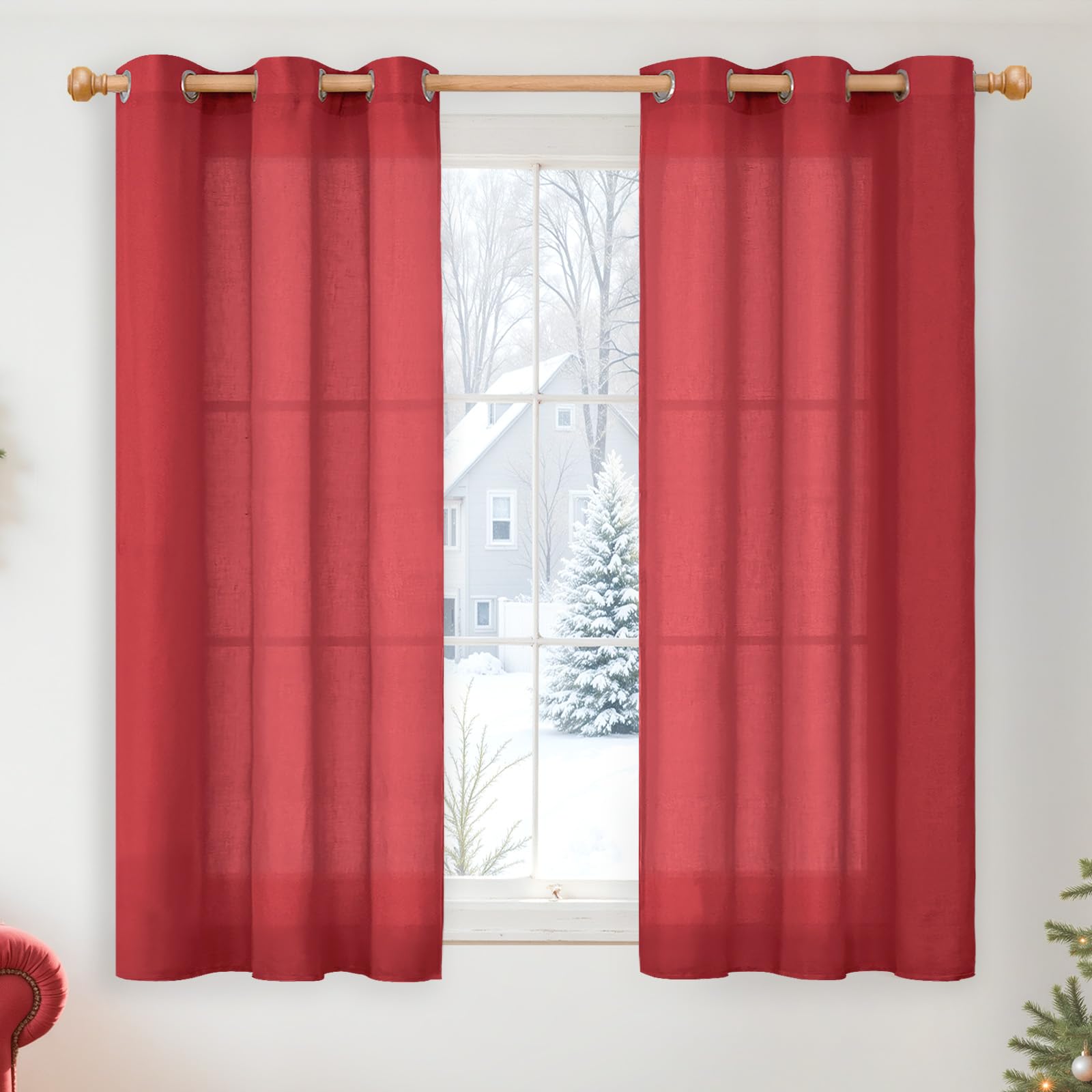 YoungsTex Linen Semi Sheer Curtains 63 Inch Length 2 Panels for Living Room - Light Filtering Drapes with Bronze Grommet Beige Window Treatments for Country Office Bedroom, 52 X 63 Inch