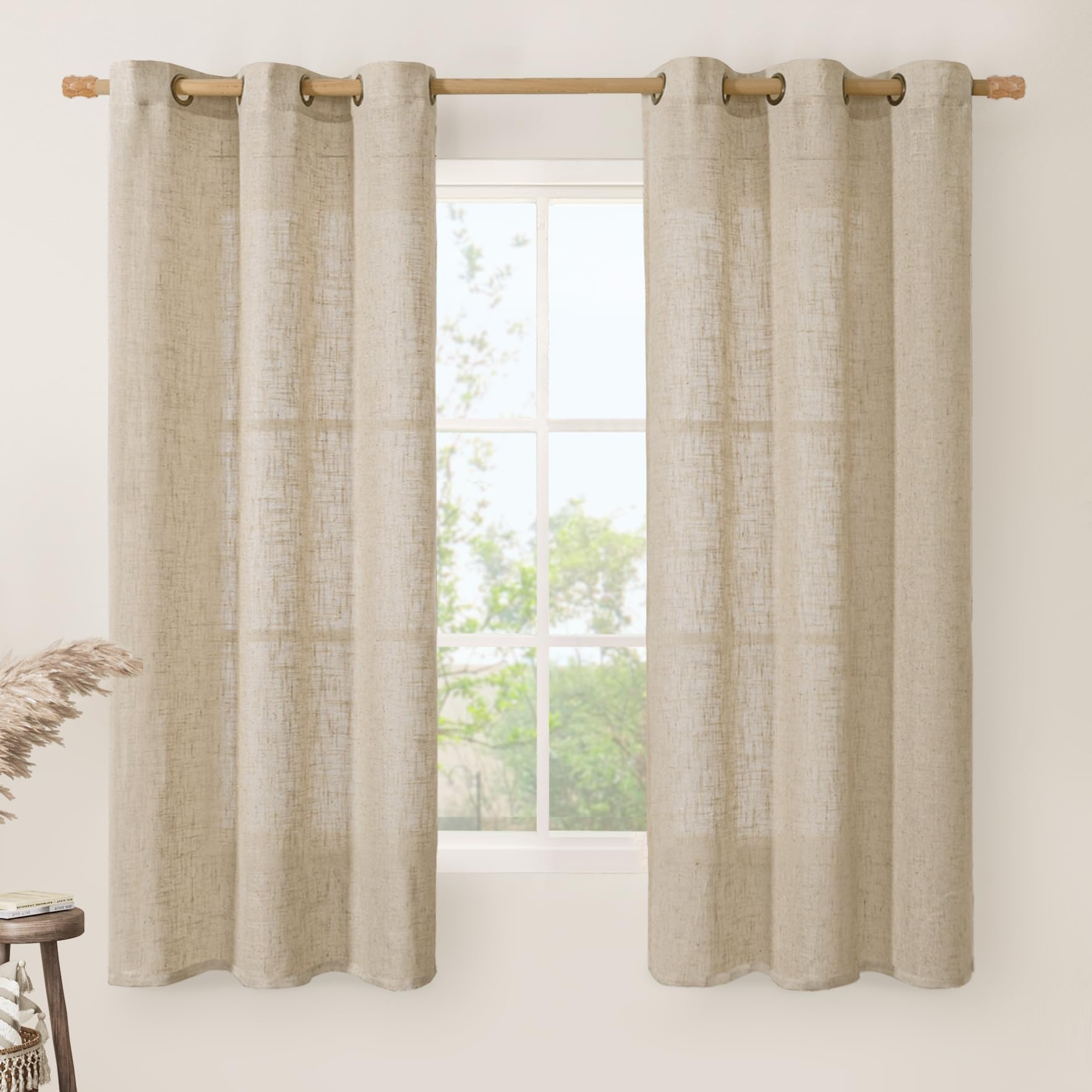 LAMIT Natural Ivory Linen Semi Sheer Curtains 84 inch Length, Cream Light Filtering Soft Thick Neutral Living Room Drapes with Bronze Grommet for Bedroom/Farmhouse, 2 Panels, 52 x 84 Inch