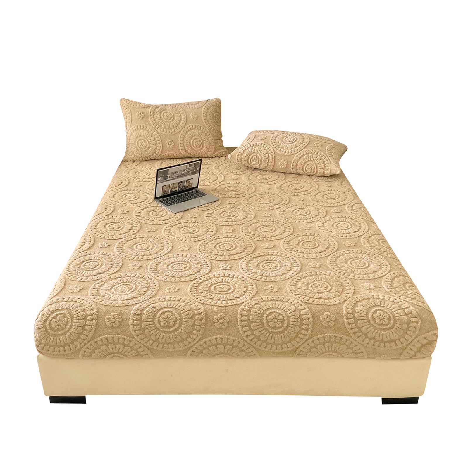 LweiPsqLin Fluffy Velvet Fitted Sheet Full Size - Micro Fleece Bed Sheet with 15" Deep Pockets, Bohemian Floral Jacquard Mattress Cover, Shrink & Fade Resistant, Khaki