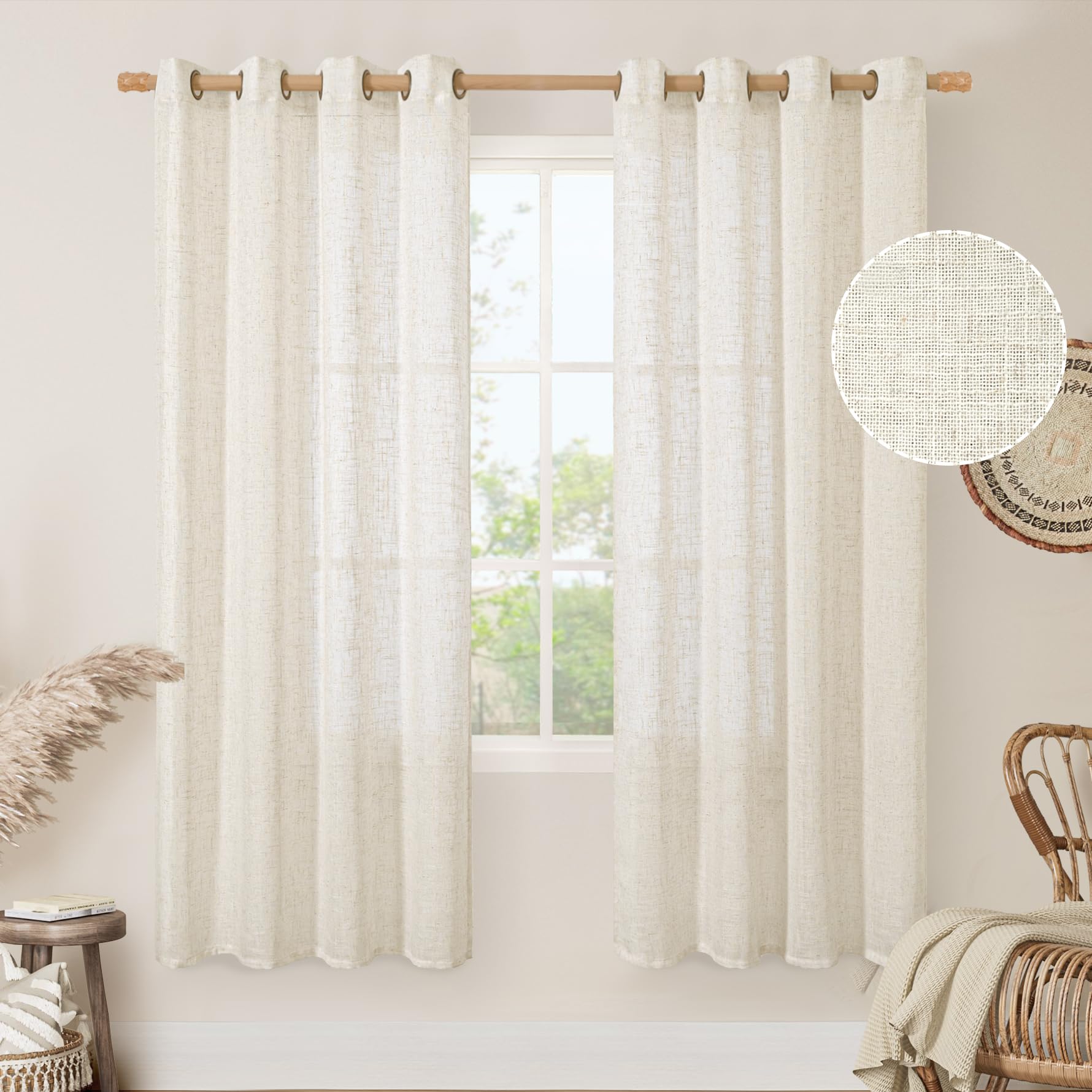 LAMIT Natural Ivory Linen Semi Sheer Curtains 84 inch Length, Cream Light Filtering Soft Thick Neutral Living Room Drapes with Bronze Grommet for Bedroom/Farmhouse, 2 Panels, 52 x 84 Inch