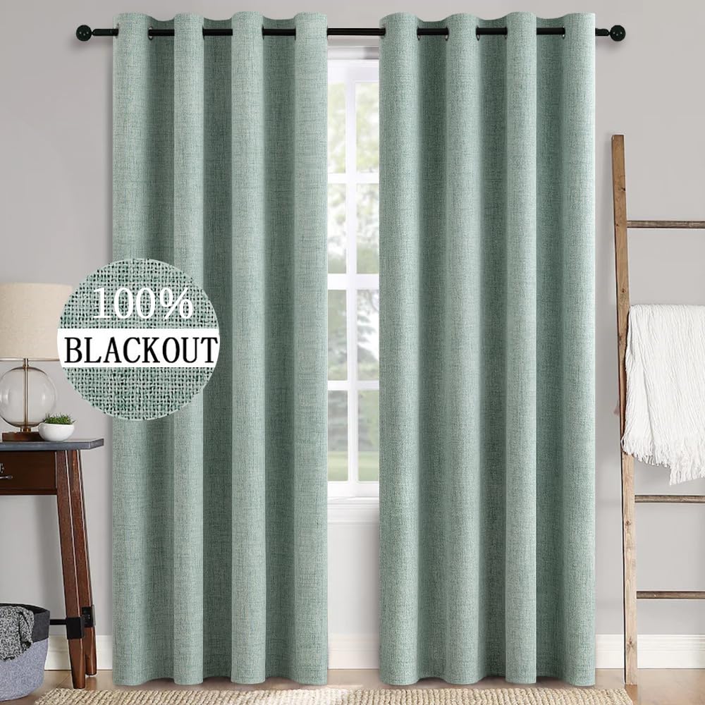MIULEE 100% Blackout Linen Textured Curtains for Bedroom Solid Thermal Insulated Natural Beige Grommet Room Darkening Curtains & Drapes Luxury Decor for Living Room Nursery 52 x 96 Inch (2 Panels)