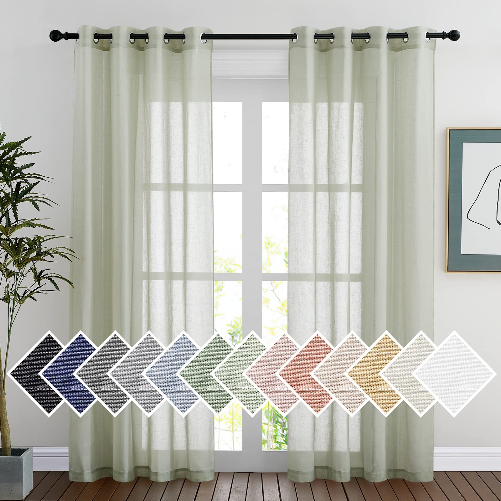 NICETOWN Semi Sheer Linen Curtains for Bedroom 84 inches Long, Grommet Privacy Vertical Farmhouse Window with Light Filtering for Living Room, Natural, W52 x L84, 2 Pieces