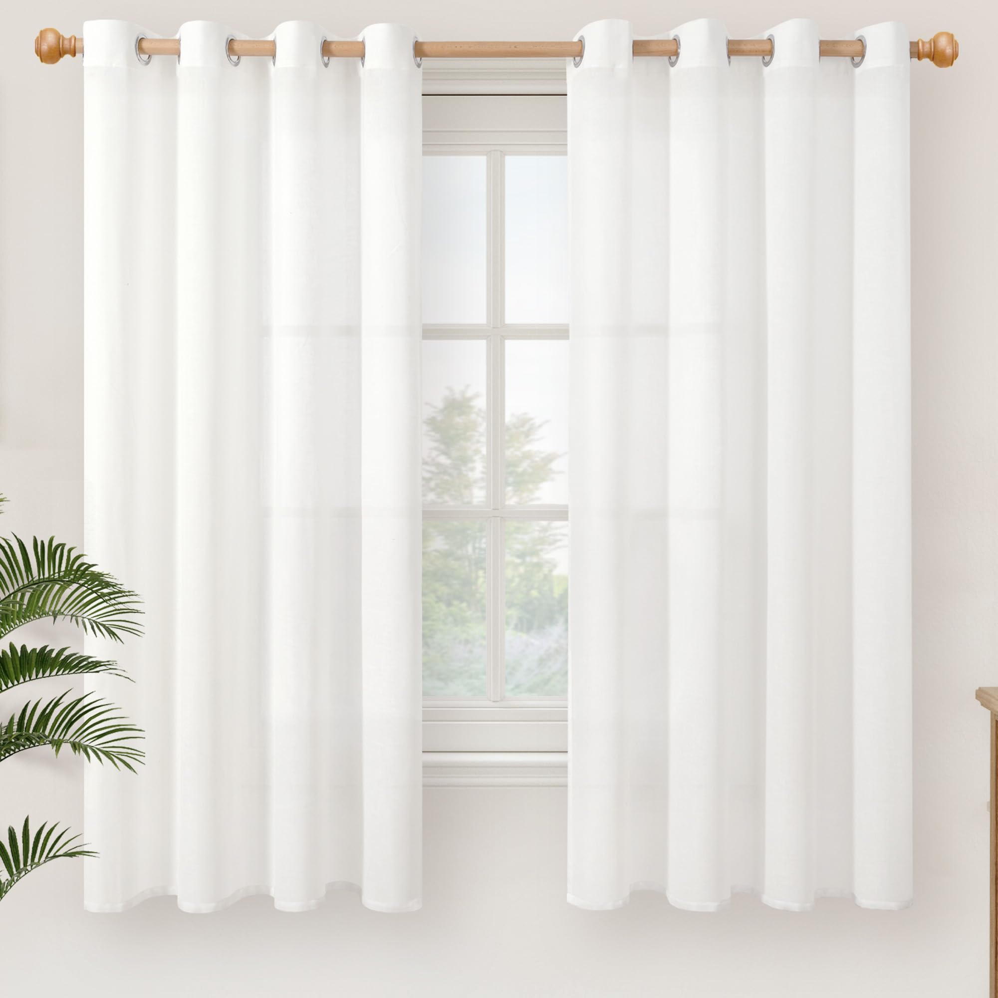 YoungsTex Linen Semi Sheer Curtains 63 Inch Length 2 Panels for Living Room - Light Filtering Drapes with Bronze Grommet Beige Window Treatments for Country Office Bedroom, 52 X 63 Inch