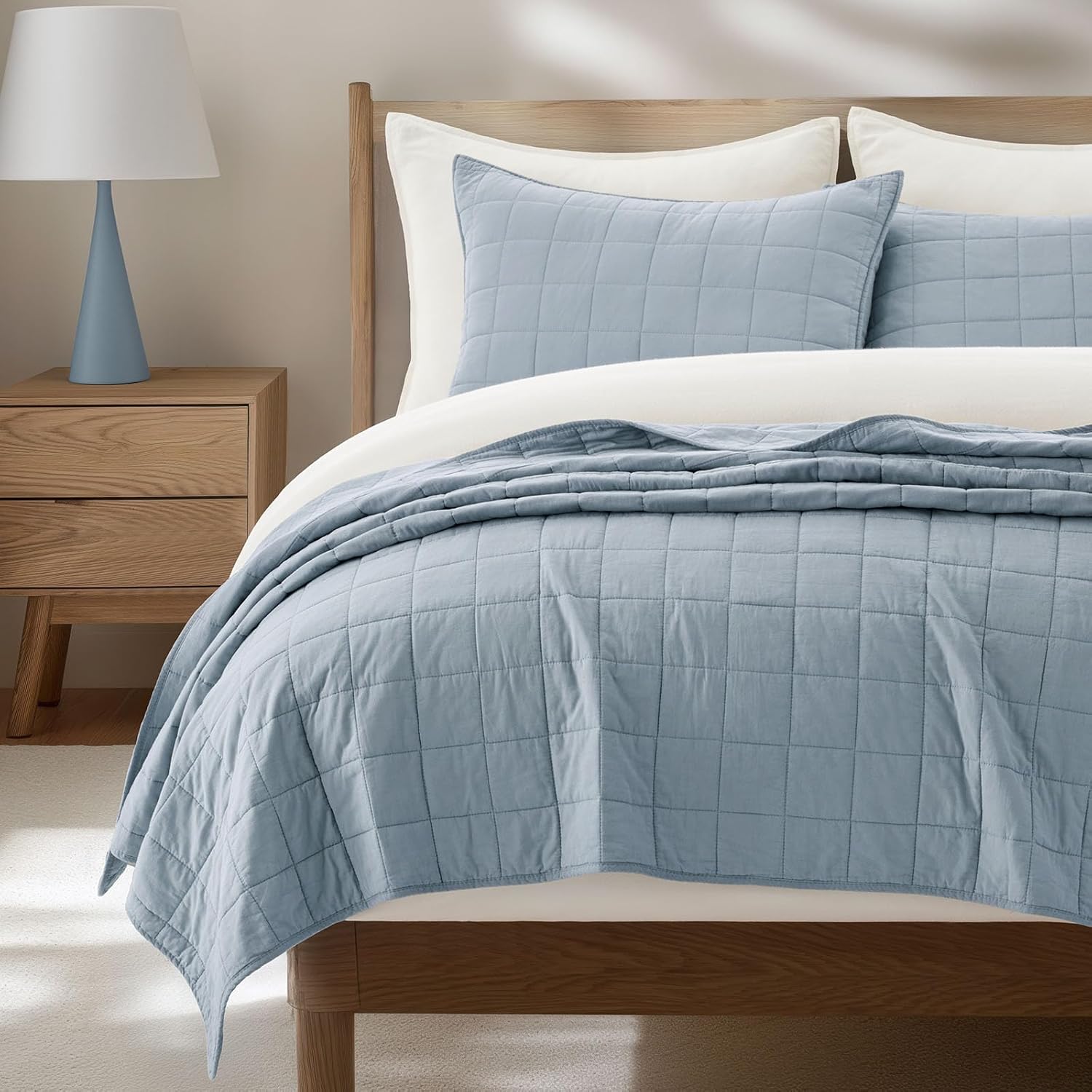 EVERGRACEHOME 100% Cotton Box Stitch Quilt Bedding Set Queen Size 3 Pieces, Garment-Washed Lightweight Soft Cozy Coverlet, Quilted Bedspread Sets with 2 Shams for All Season, Blue Linen | Box Stitch Design, 100% Cotton, Soft, Oversized, Pre Washed, Oeko-T