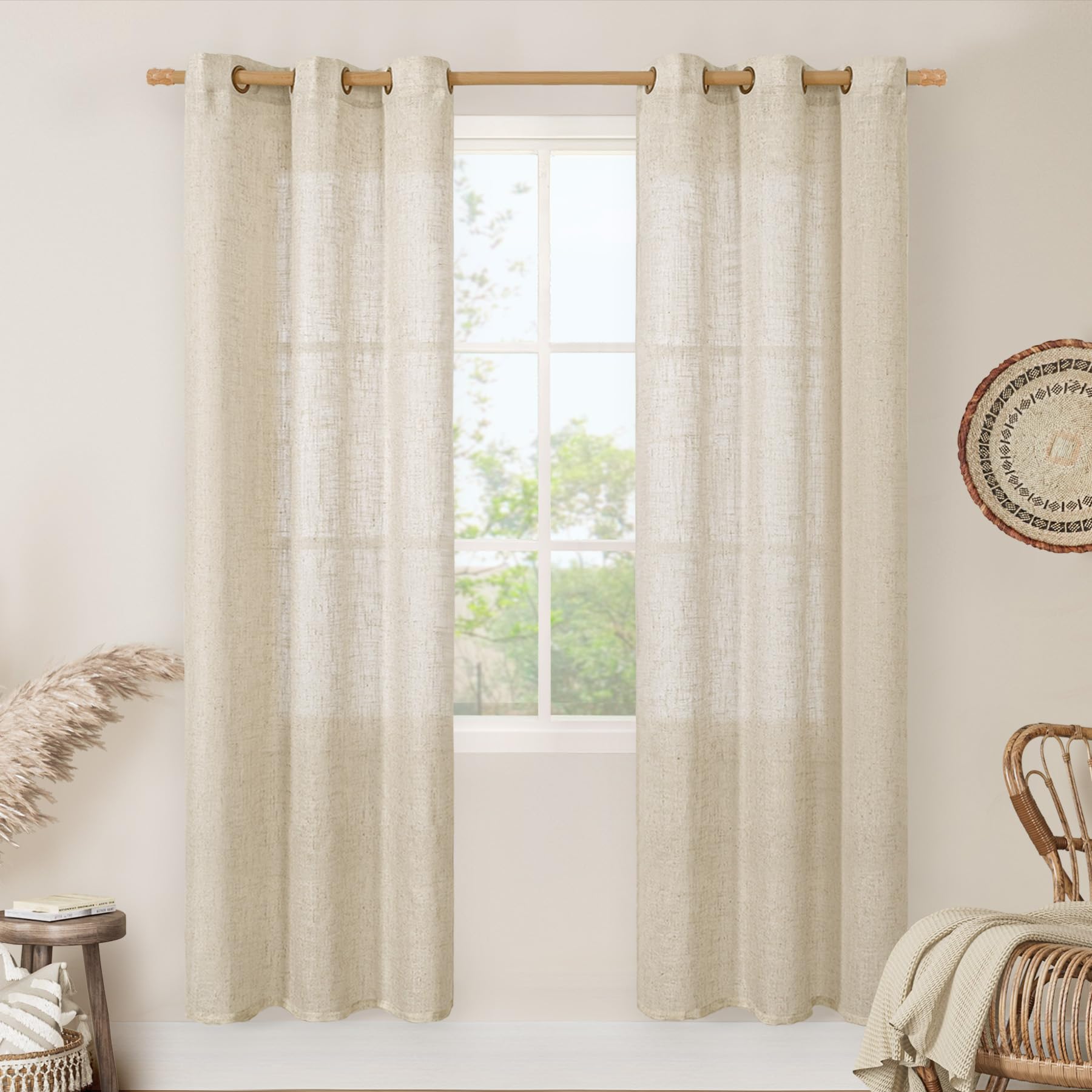 LAMIT Natural Ivory Linen Semi Sheer Curtains 84 inch Length, Cream Light Filtering Soft Thick Neutral Living Room Drapes with Bronze Grommet for Bedroom/Farmhouse, 2 Panels, 52 x 84 Inch
