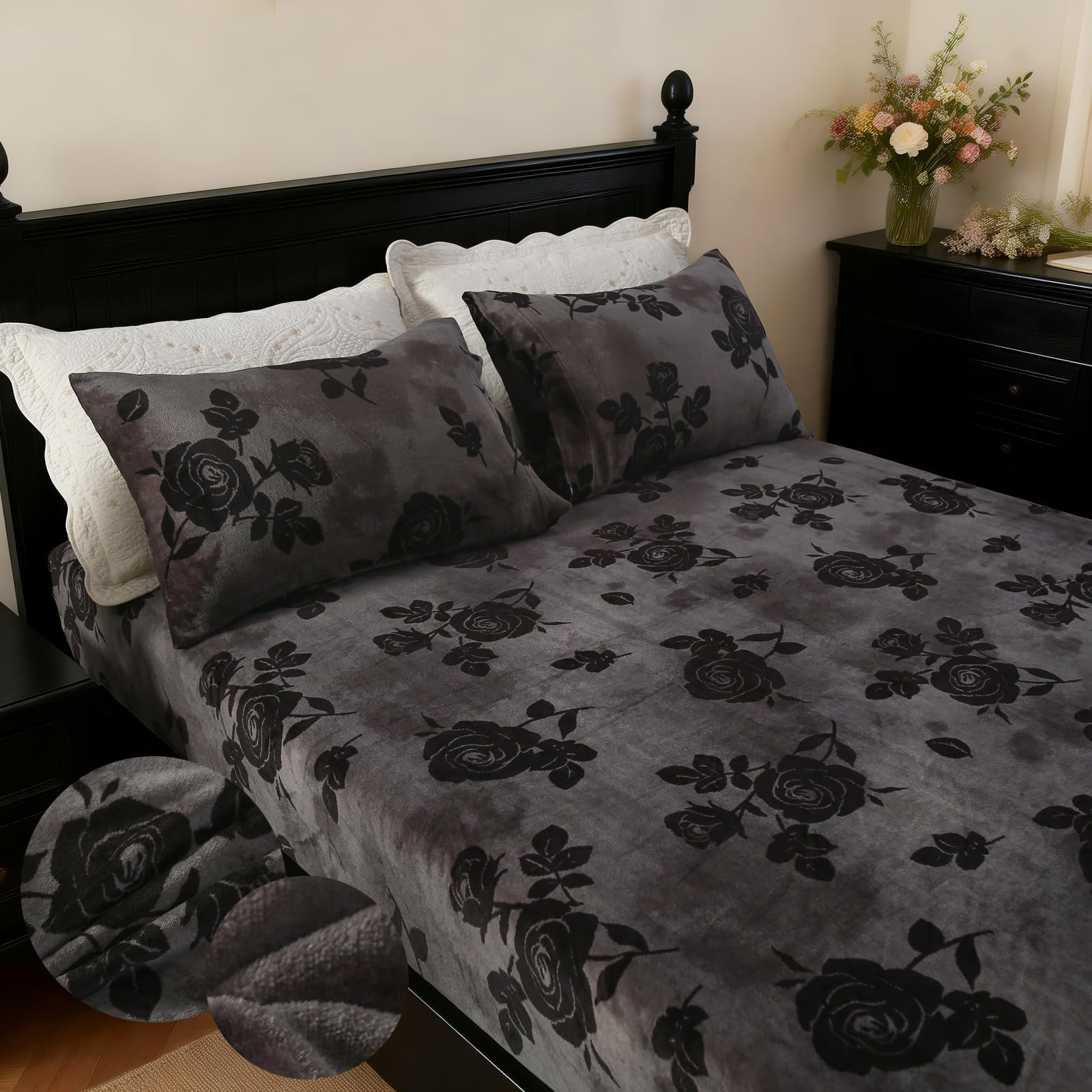 MAG 3Pcs Fleece Fitted Sheet Full Size with Brown Floral Pattern, Super Cute Fluffy Warm Flower Print Decor Bottom Sheets for Women Girls,included1*Fitted Sheet and 2*Pillowcases.