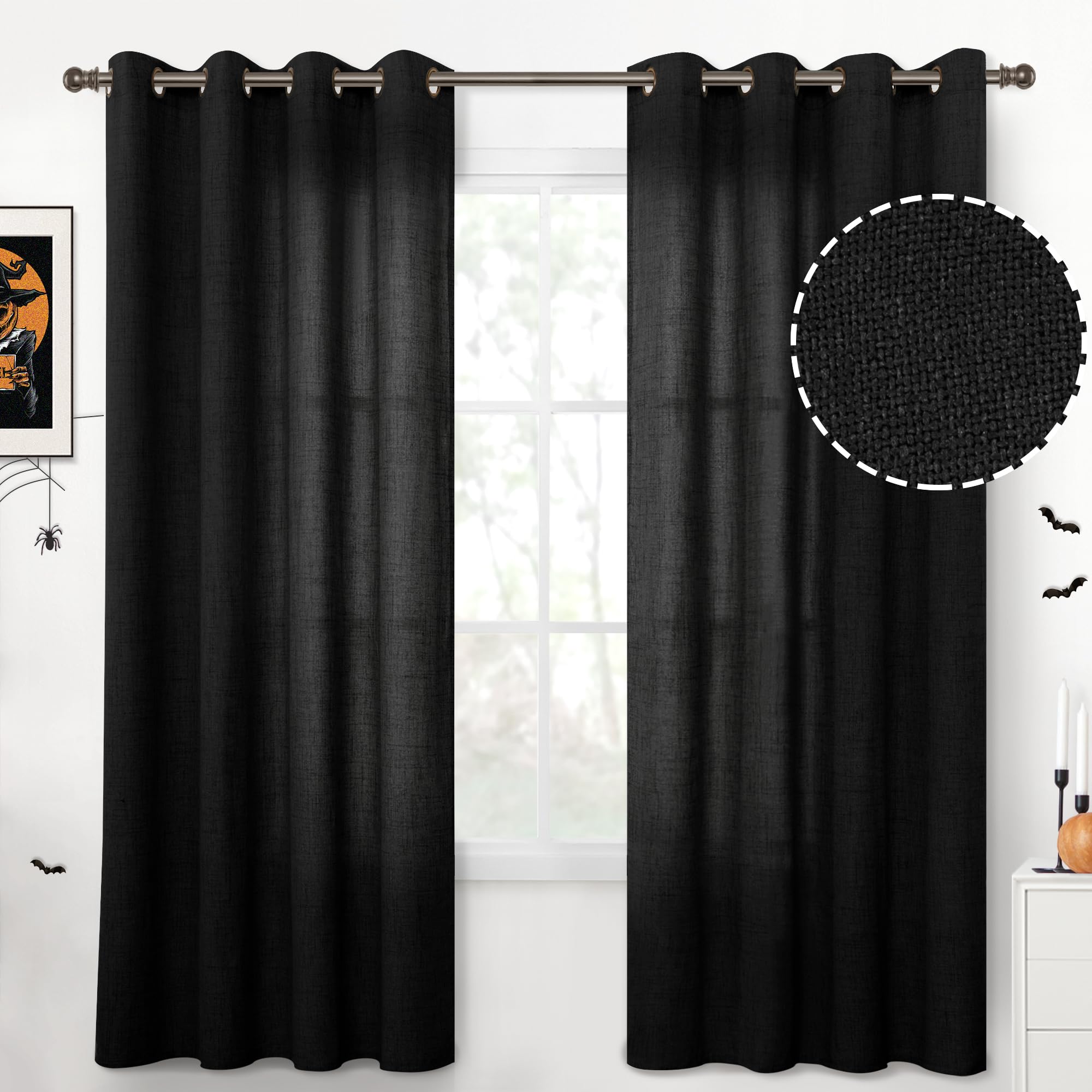 YoungsTex Linen Semi Sheer Curtains 63 Inch Length 2 Panels for Living Room - Light Filtering Drapes with Bronze Grommet Beige Window Treatments for Country Office Bedroom, 52 X 63 Inch