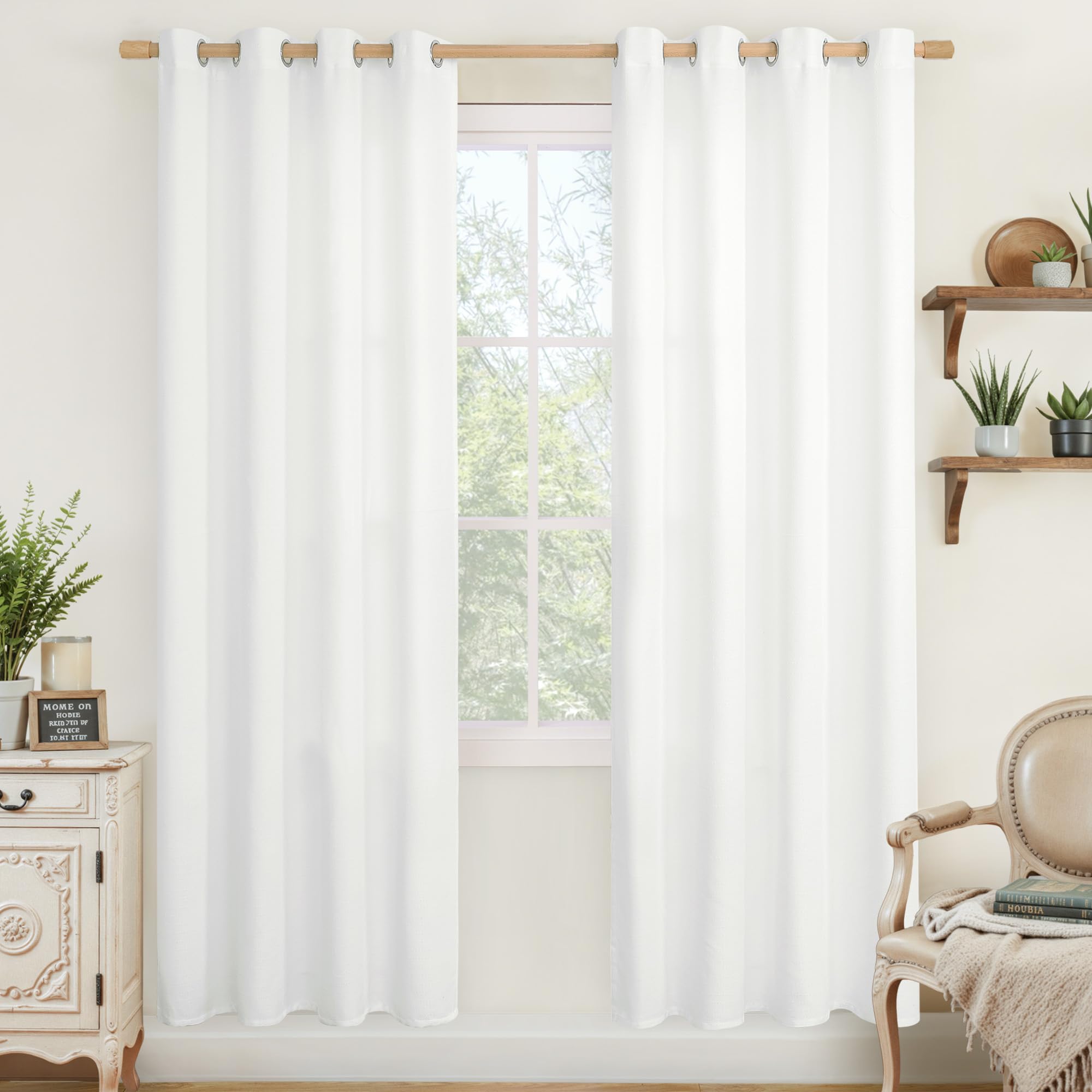LAMIT Linen Curtains 84 inch Length 2 Panels, Grommet Thick Soft Light Filtering Curtains Privacy Living Room Window Drapes for Bedroom/Farmhouse, W52 x L84, Natural Beige