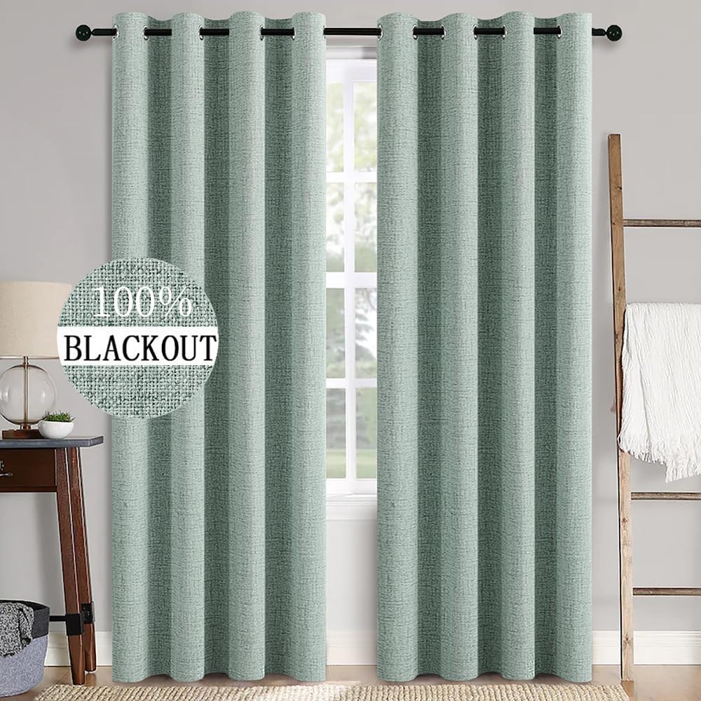 MIULEE 100% Blackout Linen Textured Curtains for Bedroom Solid Thermal Insulated Natural Beige Grommet Room Darkening Curtains & Drapes Luxury Decor for Living Room Nursery 52 x 96 Inch (2 Panels)