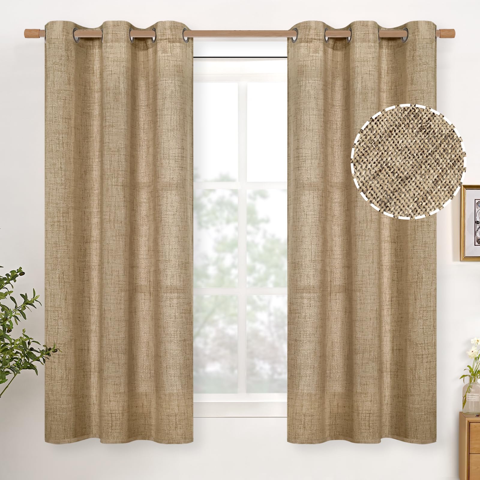 YoungsTex Linen Semi Sheer Curtains 63 Inch Length 2 Panels for Living Room - Light Filtering Drapes with Bronze Grommet Beige Window Treatments for Country Office Bedroom, 52 X 63 Inch