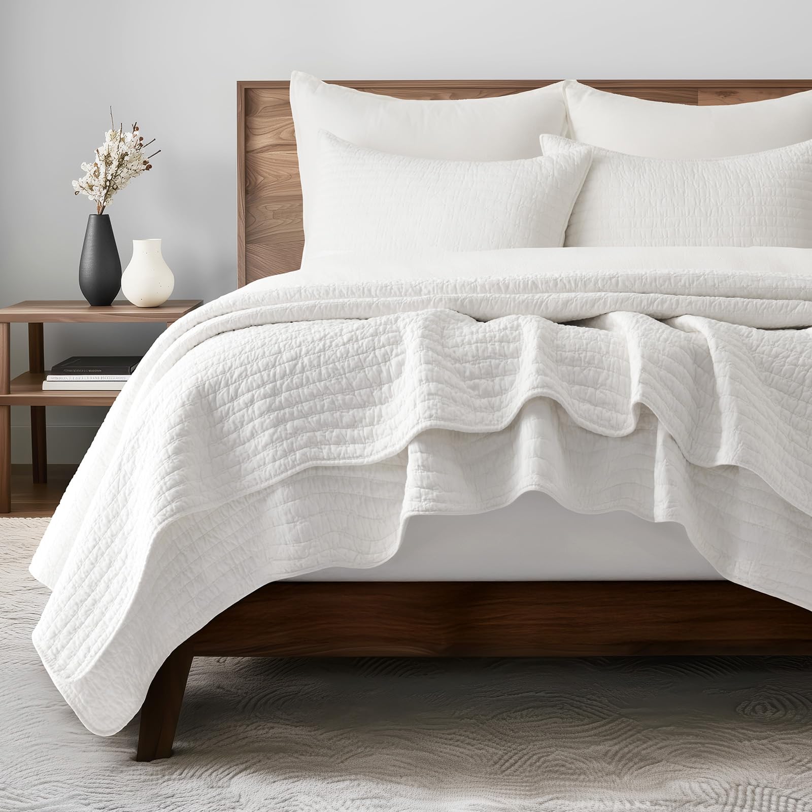 EVERGRACE Cotton Border Frame Tack-Stitch Quilt Bedding Set King Size, Coastal Oversized 3 Pieces Lightweight Bedspread Coverlet for All Season, with 2 Matching Shams, Blue Linen | Pick-Stitch Channel, Border Frame, Pre Washed, Oeko-Tex Certified, 100% Co