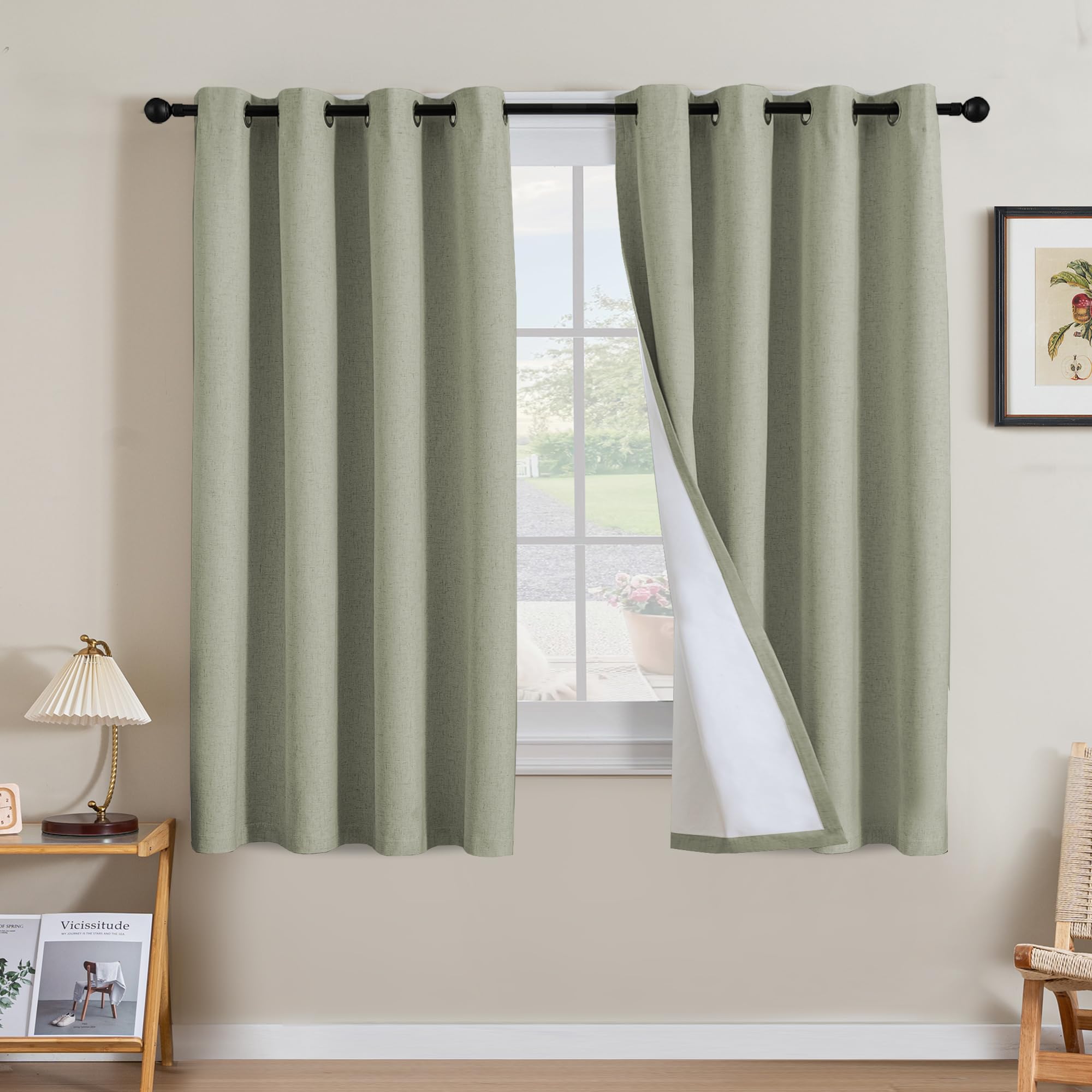 H.VERSAILTEX Linen 100% Blackout Curtains for Bedroom Full Light Blocking Curtains, Textured Window Curtain for Living Room 84 inch Grommet, Energy Efficient Curtains White Liner(2 Panels, Natural)