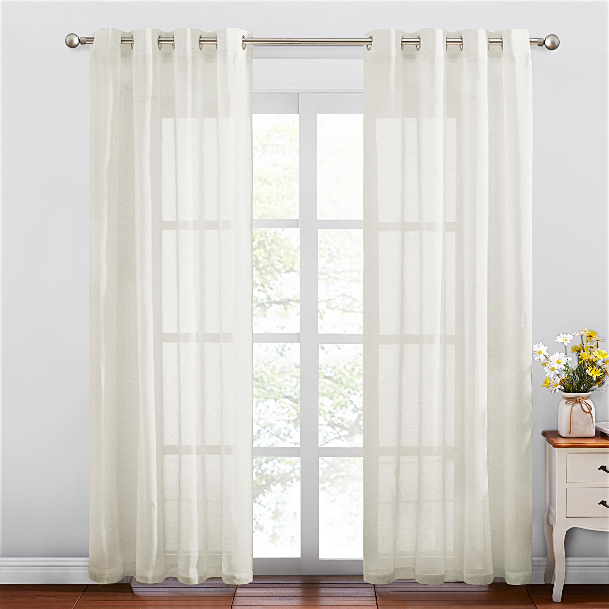 NICETOWN Semi Sheer Linen Curtains for Bedroom 84 inches Long, Grommet Privacy Vertical Farmhouse Window with Light Filtering for Living Room, Natural, W52 x L84, 2 Pieces