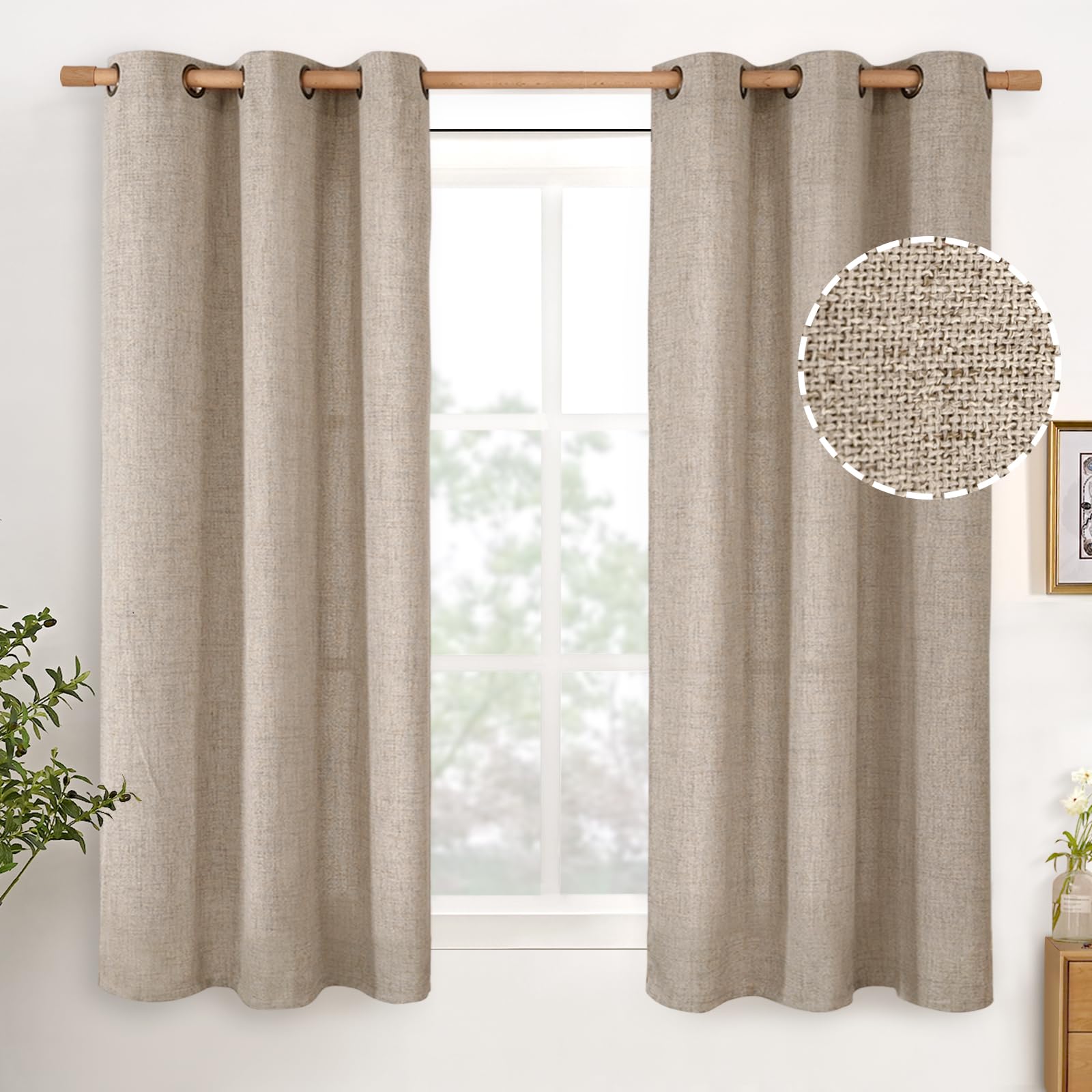 YoungsTex Linen Semi Sheer Curtains 63 Inch Length 2 Panels for Living Room - Light Filtering Drapes with Bronze Grommet Beige Window Treatments for Country Office Bedroom, 52 X 63 Inch
