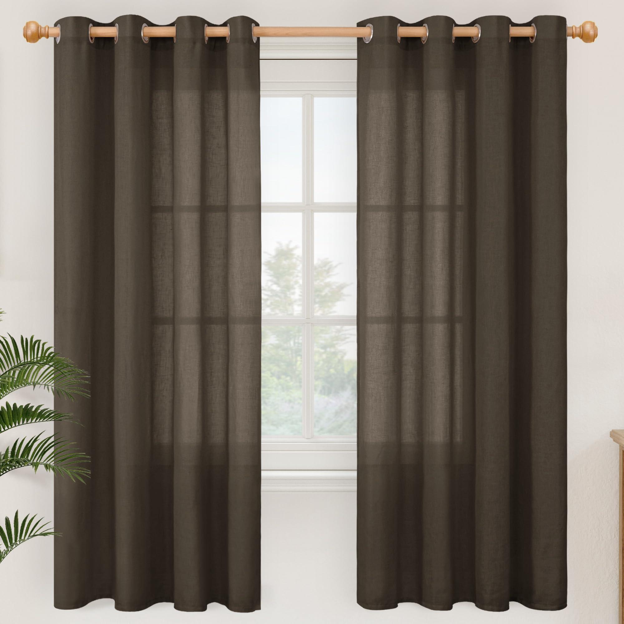 YoungsTex Linen Semi Sheer Curtains 63 Inch Length 2 Panels for Living Room - Light Filtering Drapes with Bronze Grommet Beige Window Treatments for Country Office Bedroom, 52 X 63 Inch