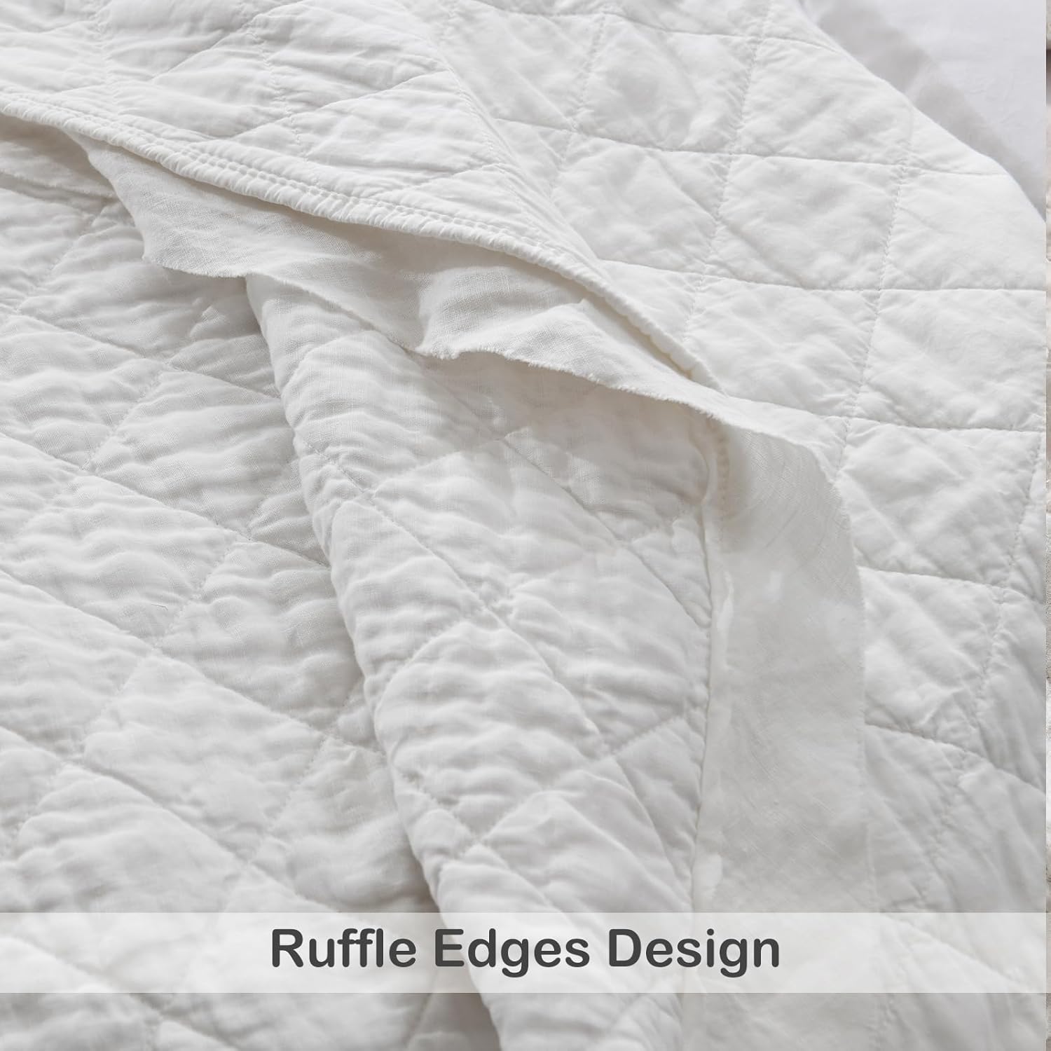 HORIMOTE HOME 100% Linen Front/100% Cotton Back Quilt Set Queen Size, White Pre-Washed European Flax Linen Quilt, Diamond Stitch Bedspread Coverlet Bedding Set 3-Piece for All Seasons