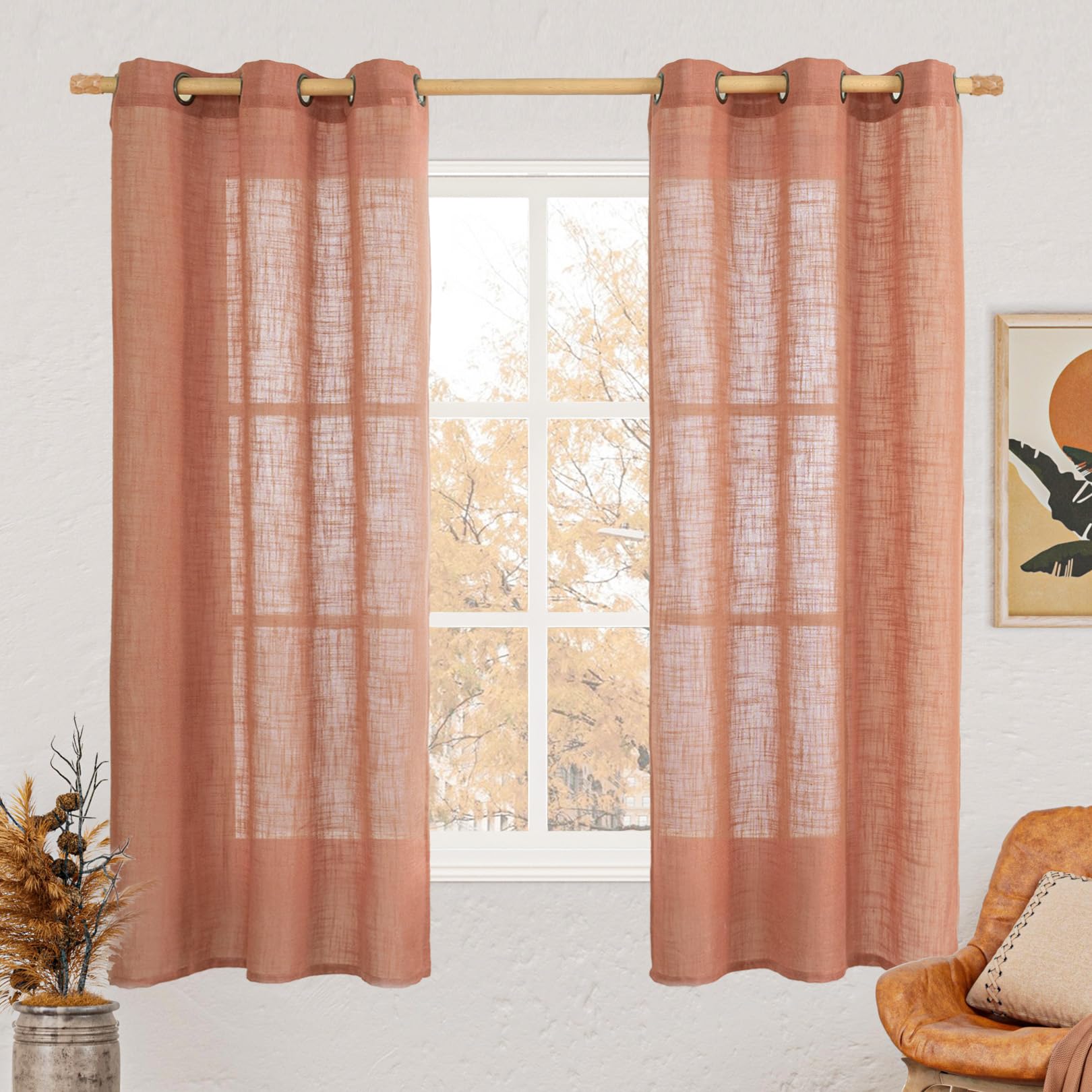 LAMIT Natural Ivory Linen Semi Sheer Curtains 84 inch Length, Cream Light Filtering Soft Thick Neutral Living Room Drapes with Bronze Grommet for Bedroom/Farmhouse, 2 Panels, 52 x 84 Inch