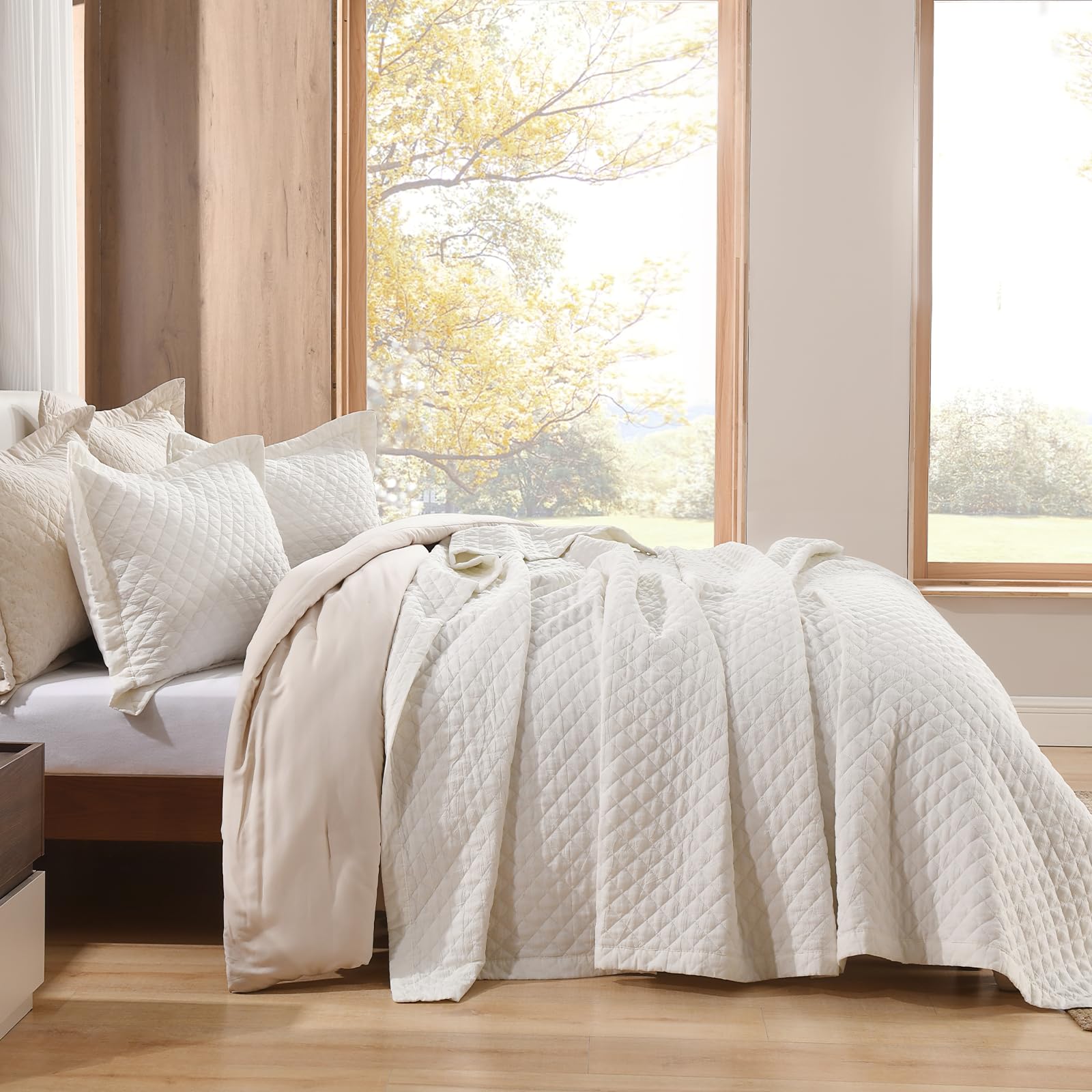 Grassix Linen Quilt Set King Size 3-Piece, 100% Linen Front & Cotton Back, Prewashed Diamond Stitch Bedspread with 2 Shams, Lightweight Breathable Quilt for Hot Sleepers, Modern Farmhouse Bedding