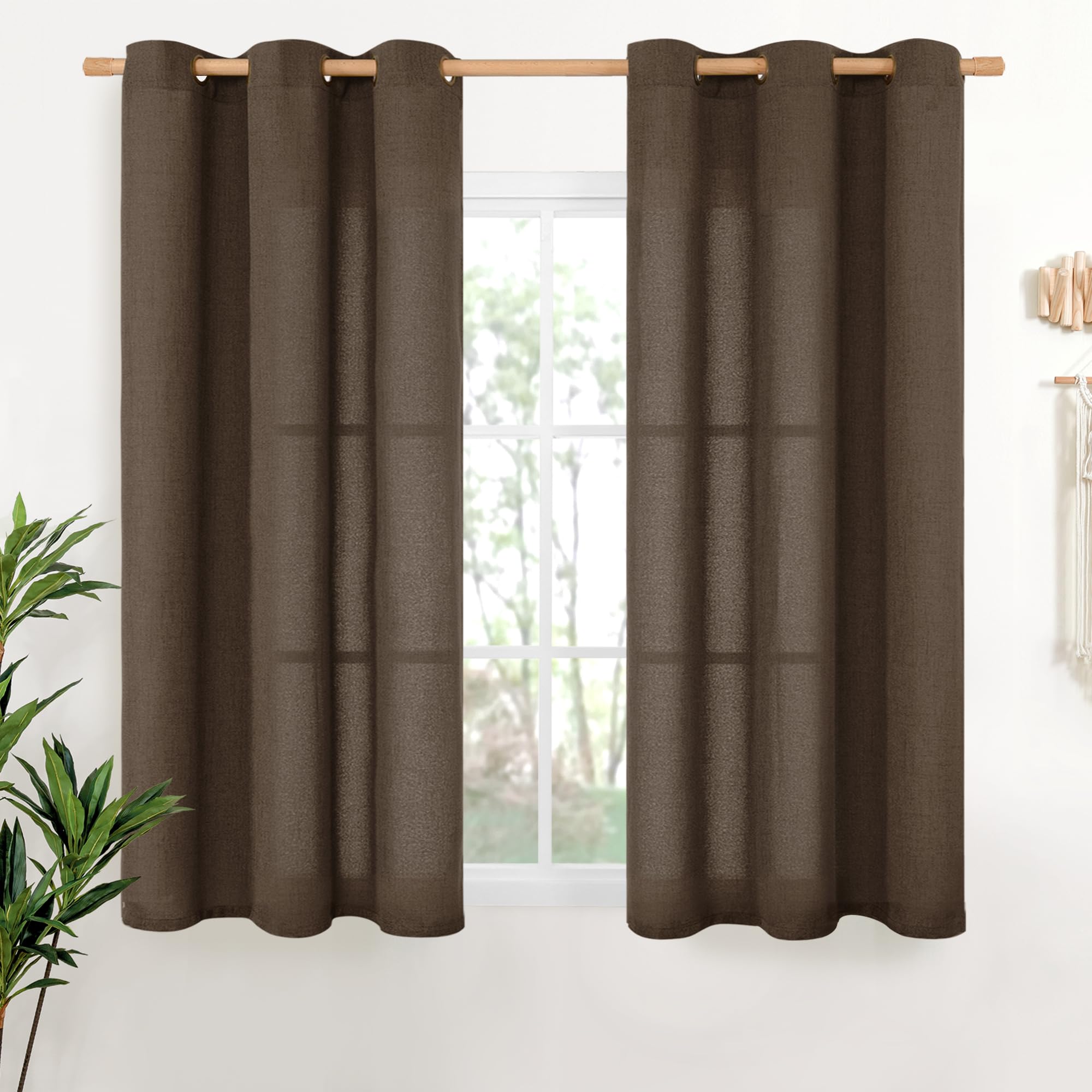 YoungsTex Linen Semi Sheer Curtains 63 Inch Length 2 Panels for Living Room - Light Filtering Drapes with Bronze Grommet Beige Window Treatments for Country Office Bedroom, 52 X 63 Inch
