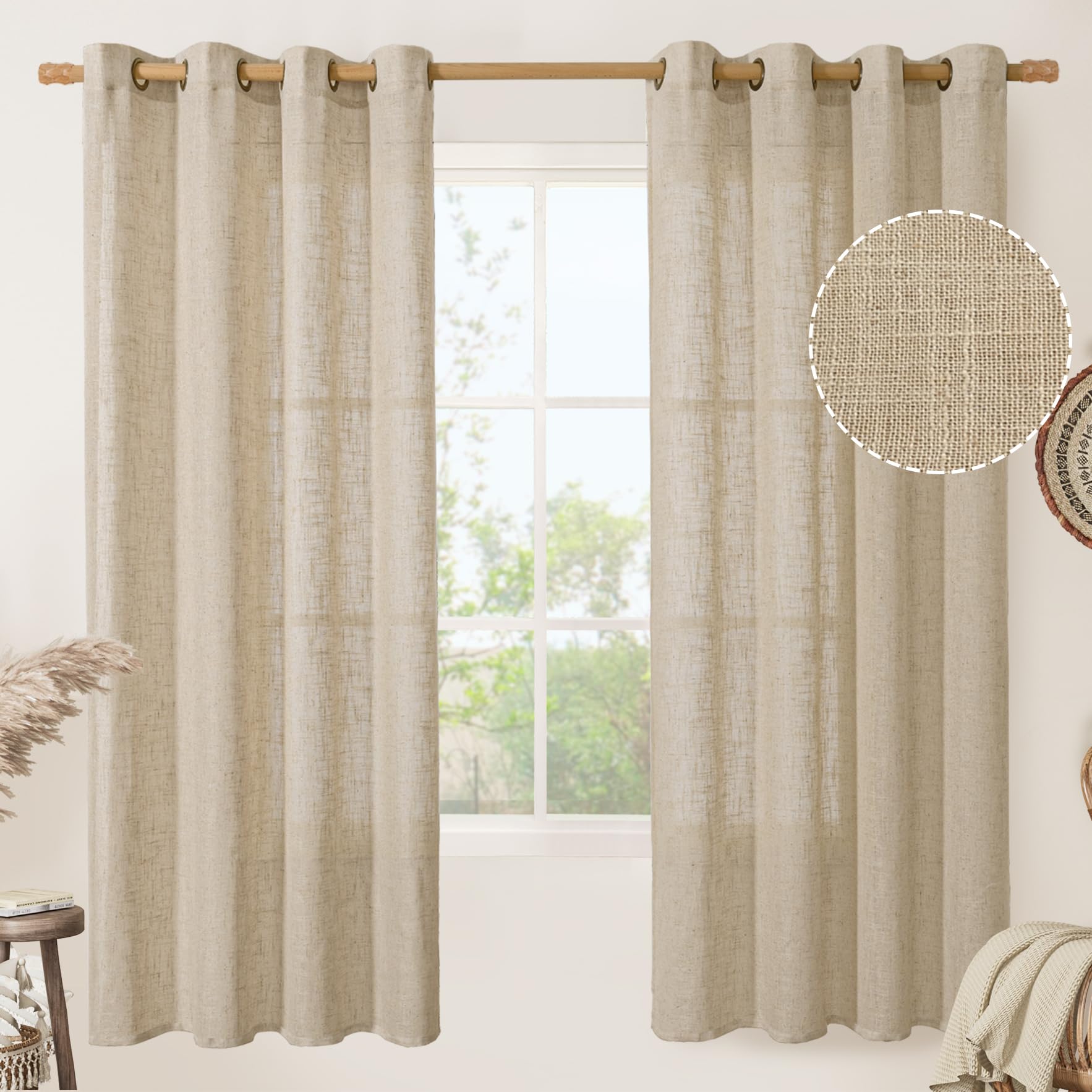 LAMIT Natural Ivory Linen Semi Sheer Curtains 84 inch Length, Cream Light Filtering Soft Thick Neutral Living Room Drapes with Bronze Grommet for Bedroom/Farmhouse, 2 Panels, 52 x 84 Inch