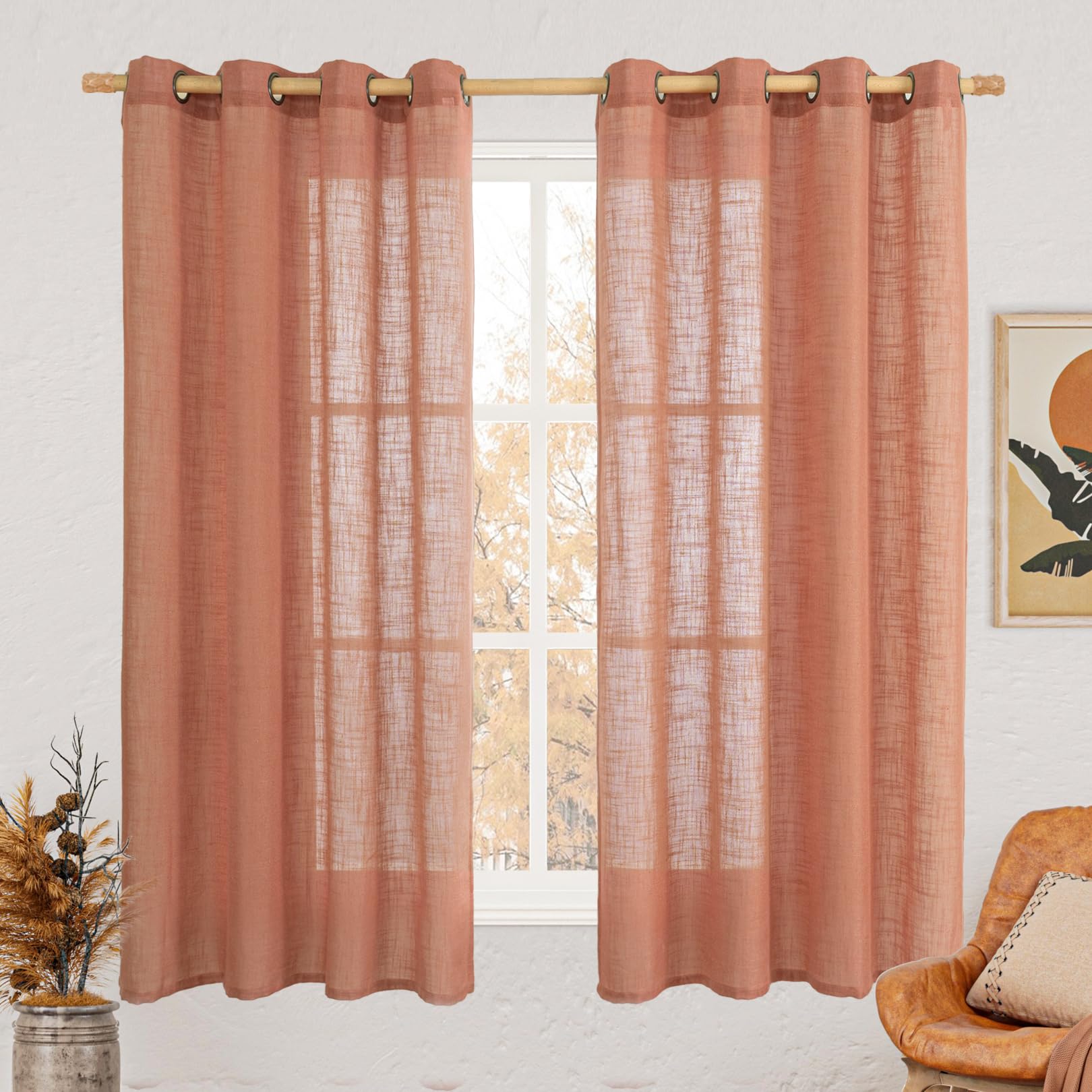 LAMIT Natural Ivory Linen Semi Sheer Curtains 84 inch Length, Cream Light Filtering Soft Thick Neutral Living Room Drapes with Bronze Grommet for Bedroom/Farmhouse, 2 Panels, 52 x 84 Inch