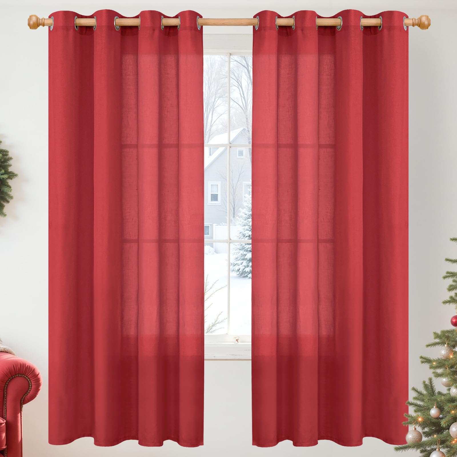 YoungsTex Linen Semi Sheer Curtains 63 Inch Length 2 Panels for Living Room - Light Filtering Drapes with Bronze Grommet Beige Window Treatments for Country Office Bedroom, 52 X 63 Inch