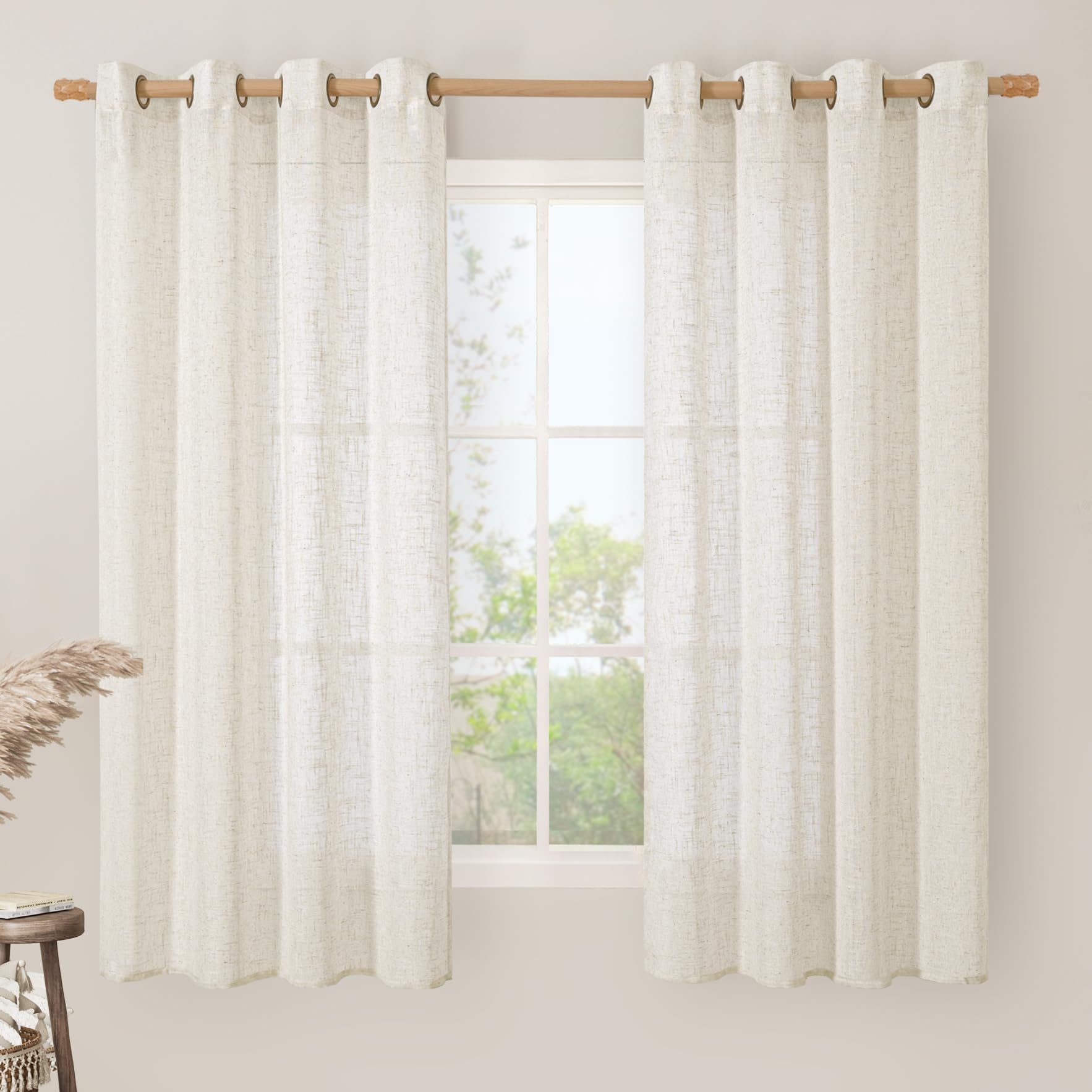 LAMIT Natural Ivory Linen Semi Sheer Curtains 84 inch Length, Cream Light Filtering Soft Thick Neutral Living Room Drapes with Bronze Grommet for Bedroom/Farmhouse, 2 Panels, 52 x 84 Inch