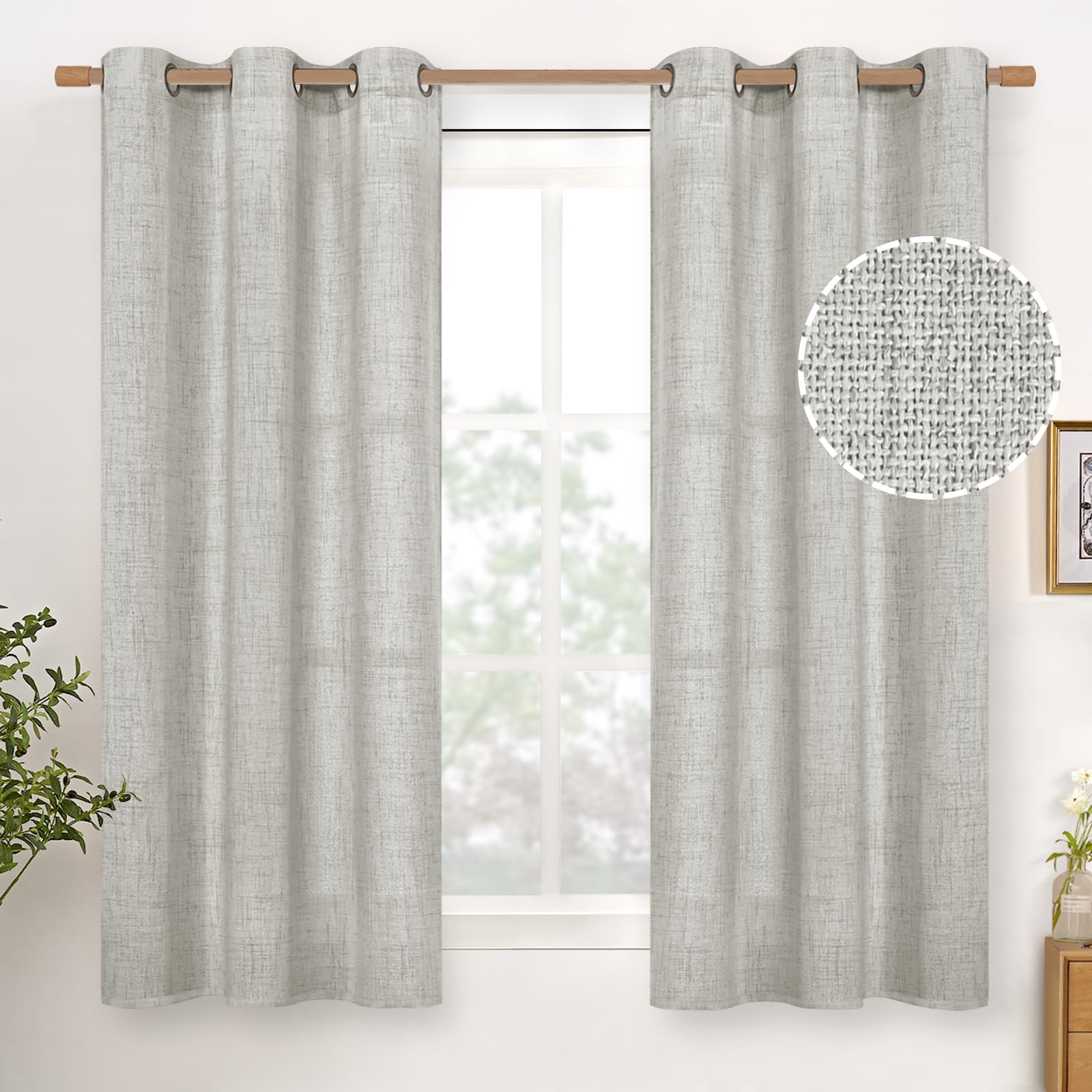 YoungsTex Linen Semi Sheer Curtains 63 Inch Length 2 Panels for Living Room - Light Filtering Drapes with Bronze Grommet Beige Window Treatments for Country Office Bedroom, 52 X 63 Inch