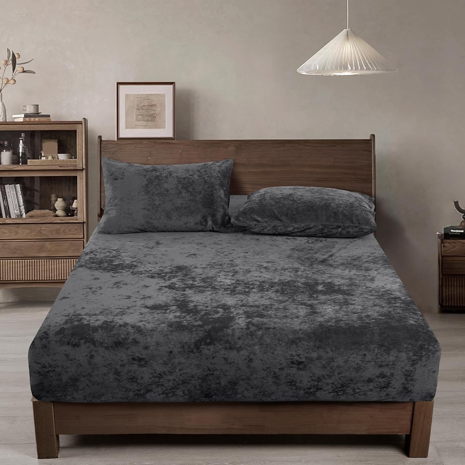 PHF Truly Velvet Fitted Sheet Only Queen Size, Luxury Super Soft Cozy Fuzzy Fleece Bottom Sheet with Deep Pocket Up to 16",Suitable for Fall Winter Spring, No Pillowcases, Charcoal/Dark Grey