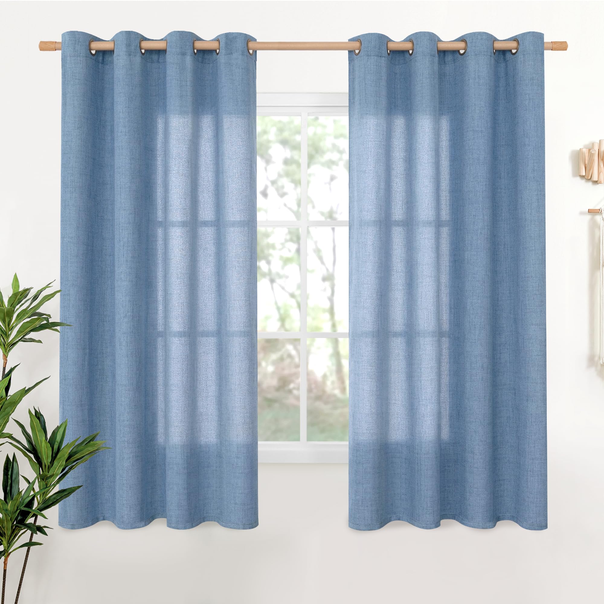 YoungsTex Linen Semi Sheer Curtains 63 Inch Length 2 Panels for Living Room - Light Filtering Drapes with Bronze Grommet Beige Window Treatments for Country Office Bedroom, 52 X 63 Inch