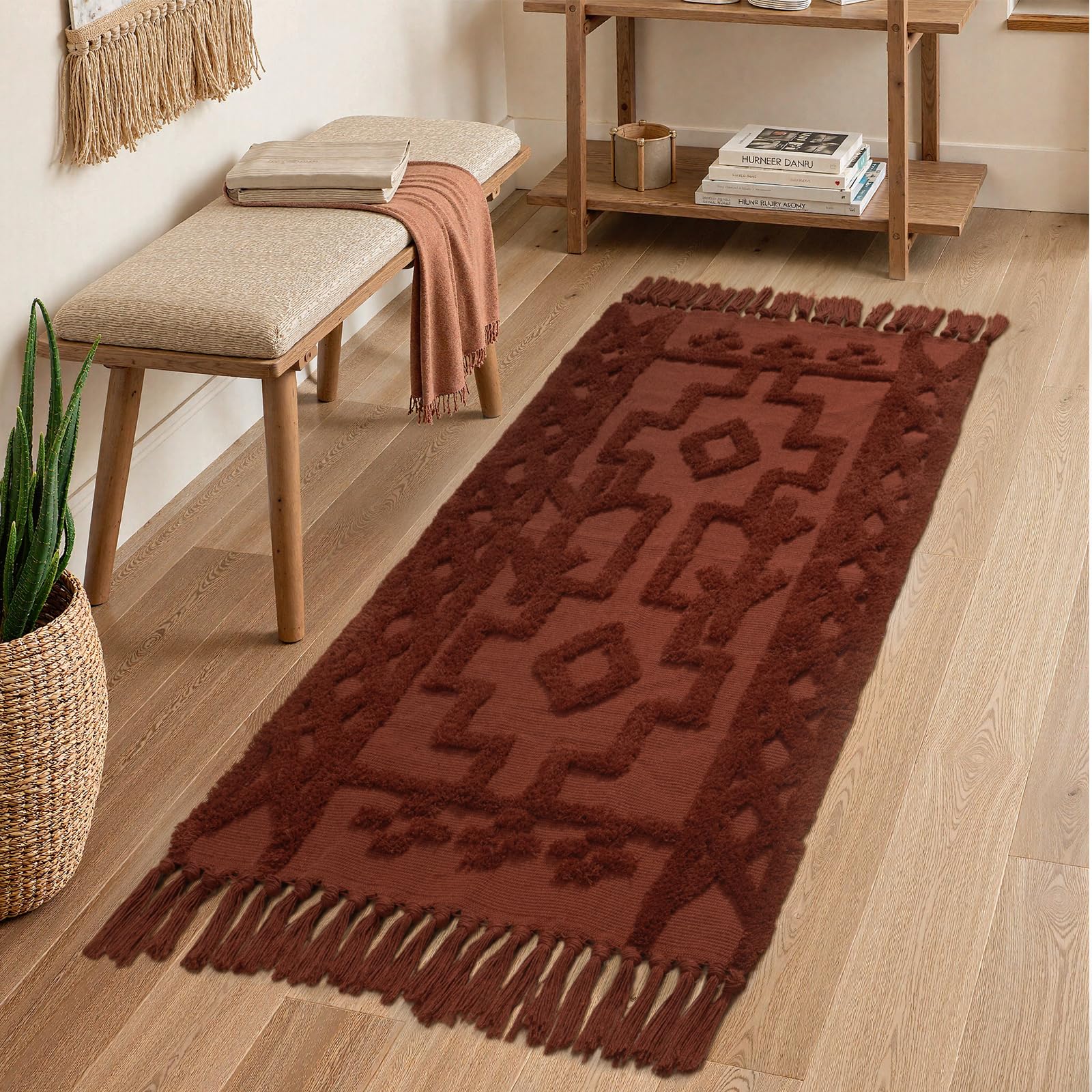 Uphome Boho Bathroom Rug 2' x 3', Washable Small Farmhouse Bedroom Rugs with Tassels, Beige Geometric Bath Mats for Home Decor, Cotton Woven Moroccan Tufted Throw Rug for Entryway Front Door Kitchen