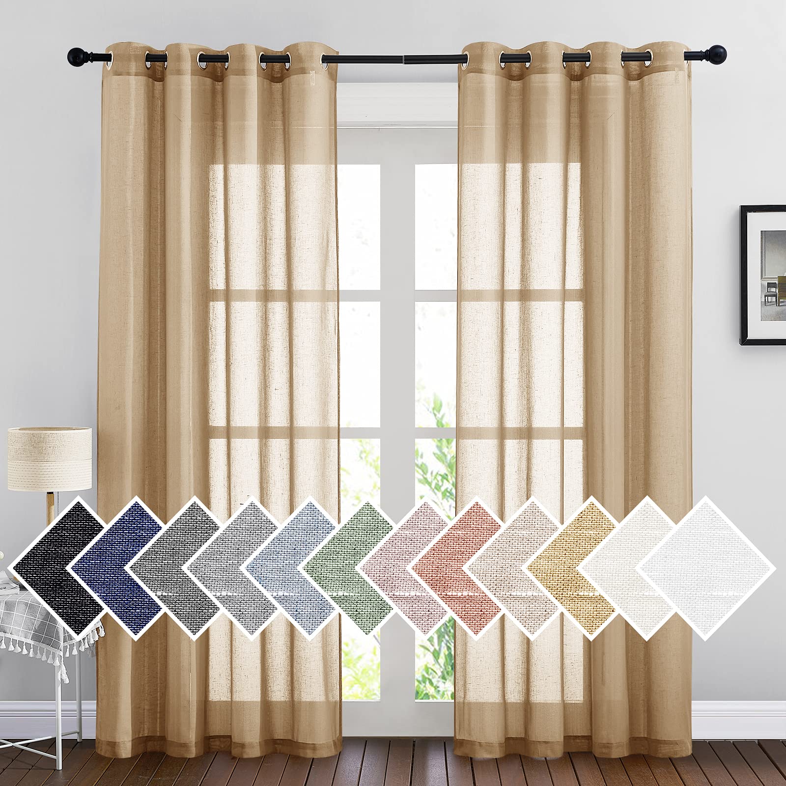 NICETOWN Semi Sheer Linen Curtains for Bedroom 84 inches Long, Grommet Privacy Vertical Farmhouse Window with Light Filtering for Living Room, Natural, W52 x L84, 2 Pieces