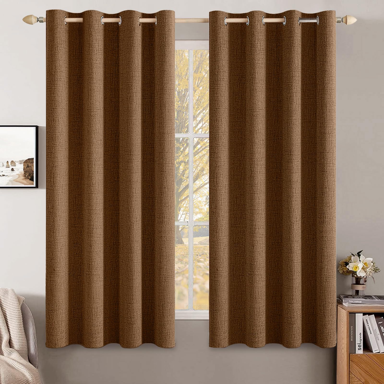 MIULEE 100% Blackout Linen Textured Curtains for Bedroom Solid Thermal Insulated Cream Grommet Room Darkening Curtains & Drapes Luxury Decor for Living Room Nursery 52 x 84 Inch (2 Panels)