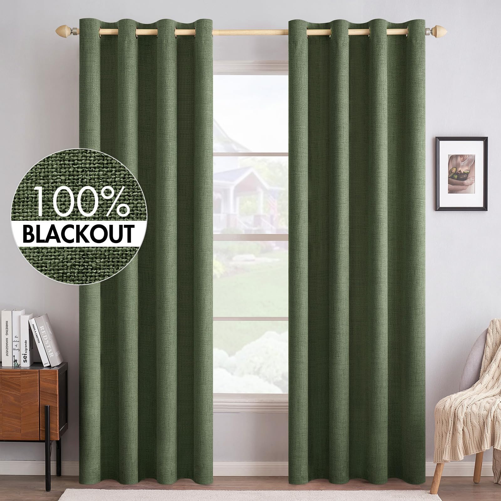 MIULEE 100% Blackout Linen Textured Curtains for Bedroom Solid Thermal Insulated Cream Grommet Room Darkening Curtains & Drapes Luxury Decor for Living Room Nursery 52 x 84 Inch (2 Panels)