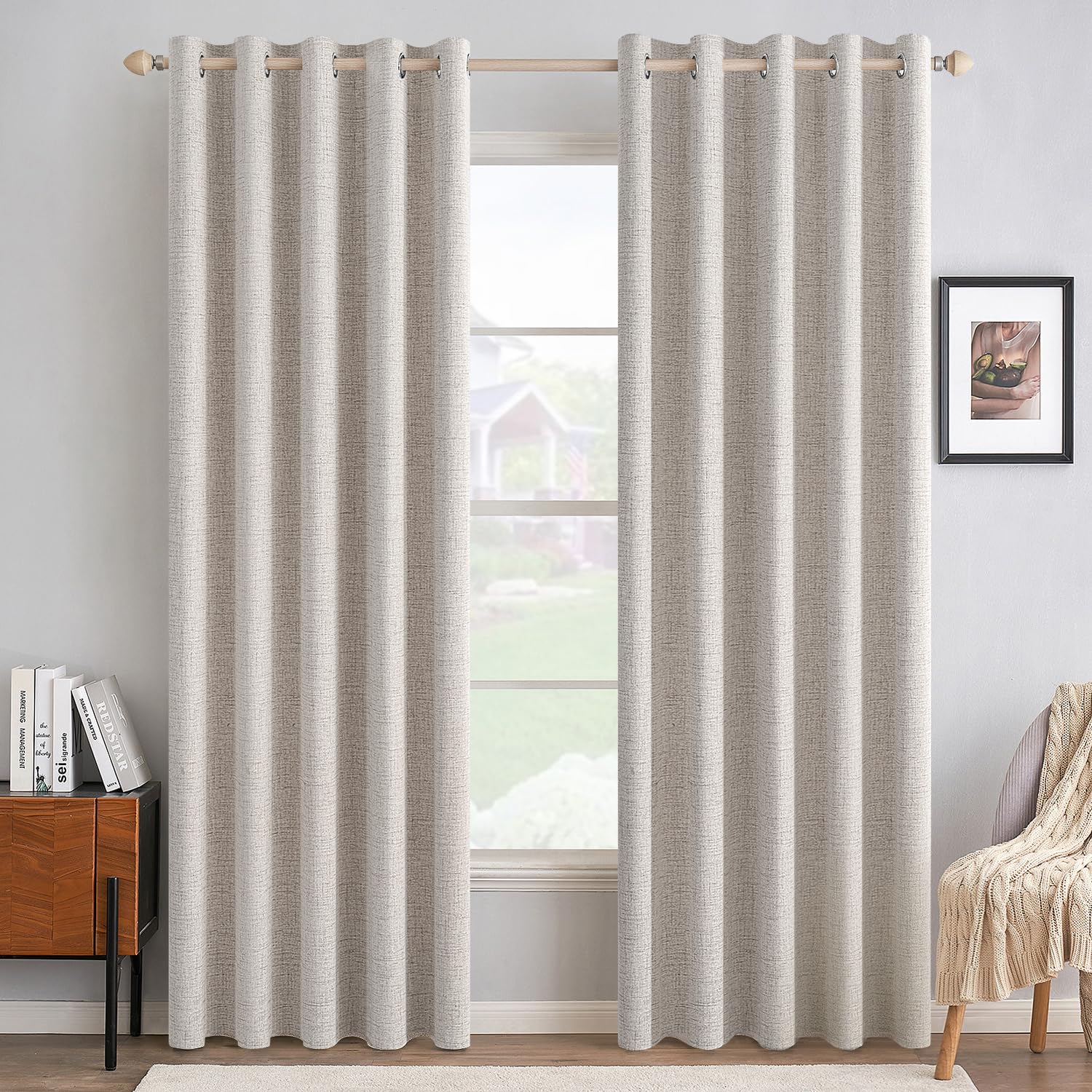 MIULEE 100% Blackout Linen Textured Curtains for Bedroom Solid Thermal Insulated Cream Grommet Room Darkening Curtains & Drapes Luxury Decor for Living Room Nursery 52 x 84 Inch (2 Panels)