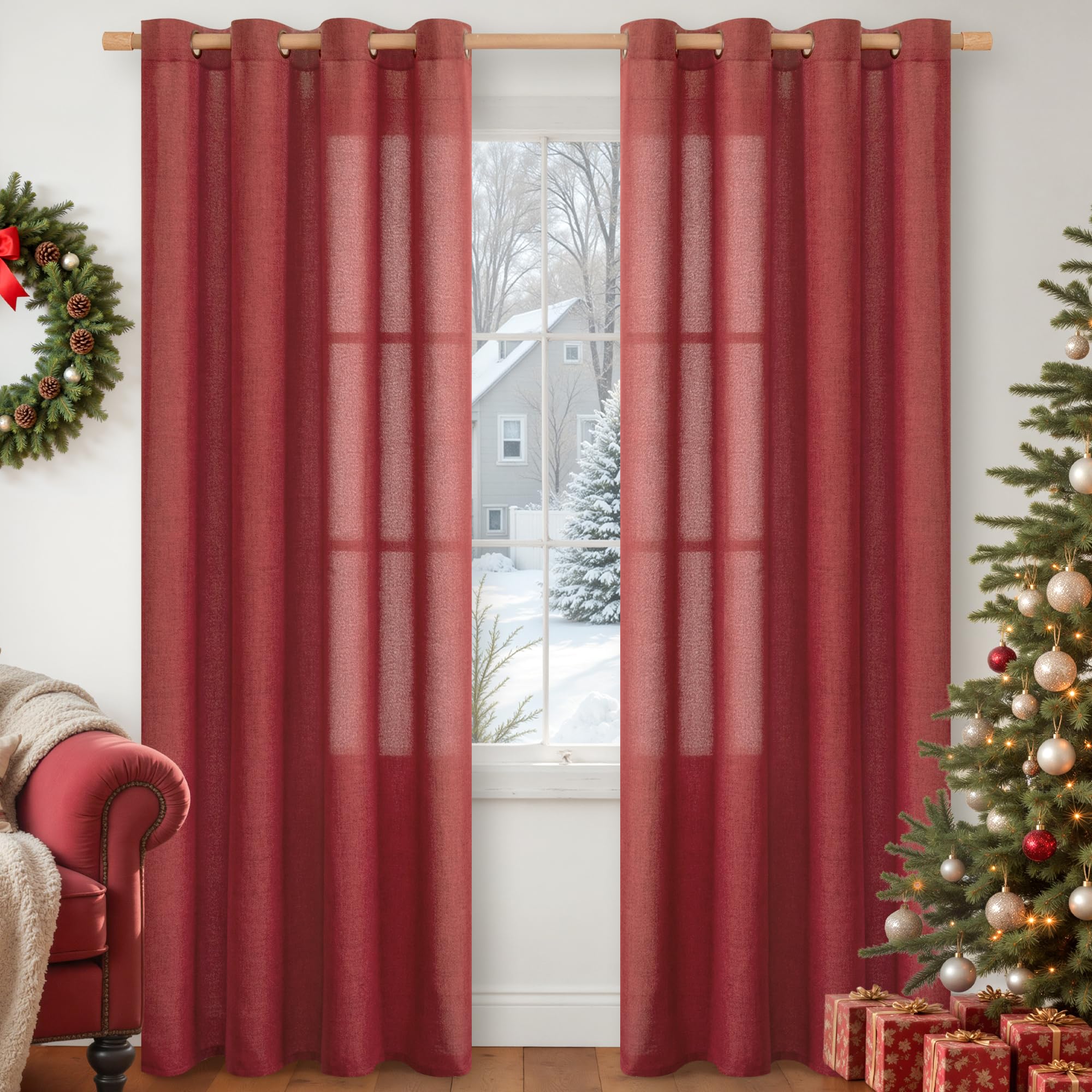 YoungsTex Linen Semi Sheer Curtains 63 Inch Length 2 Panels for Living Room - Light Filtering Drapes with Bronze Grommet Beige Window Treatments for Country Office Bedroom, 52 X 63 Inch