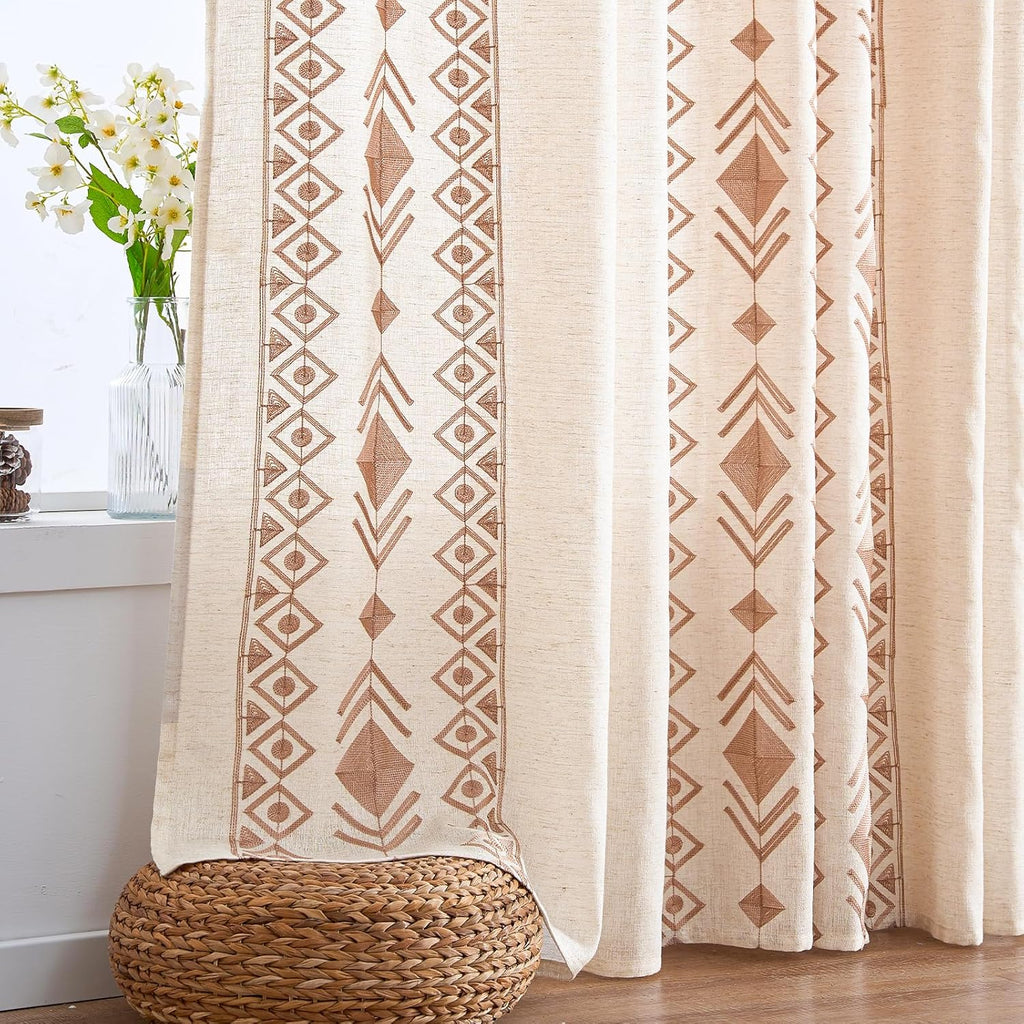 Beige Boho Curtains 63 Inches Long 2 Panels Neutral Linen Textured Curtains for Living Room Bedroom Cream Geometric Embroidered Grommet Top Light Filtering Window Drapes Taupe on Beige