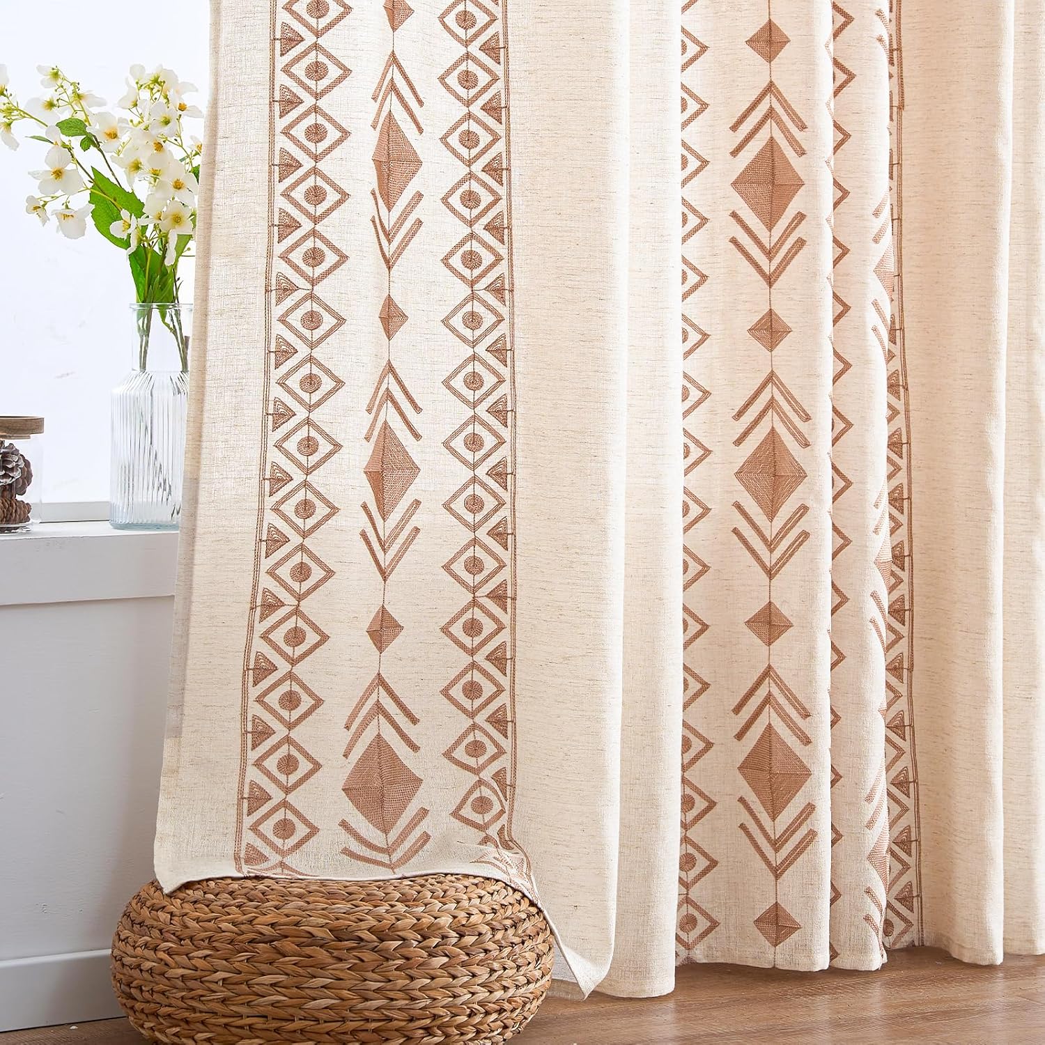 Beige Boho Curtains 63 Inches Long 2 Panels Neutral Linen Textured Curtains for Living Room Bedroom Cream Geometric Embroidered Grommet Top Light Filtering Window Drapes Taupe on Beige