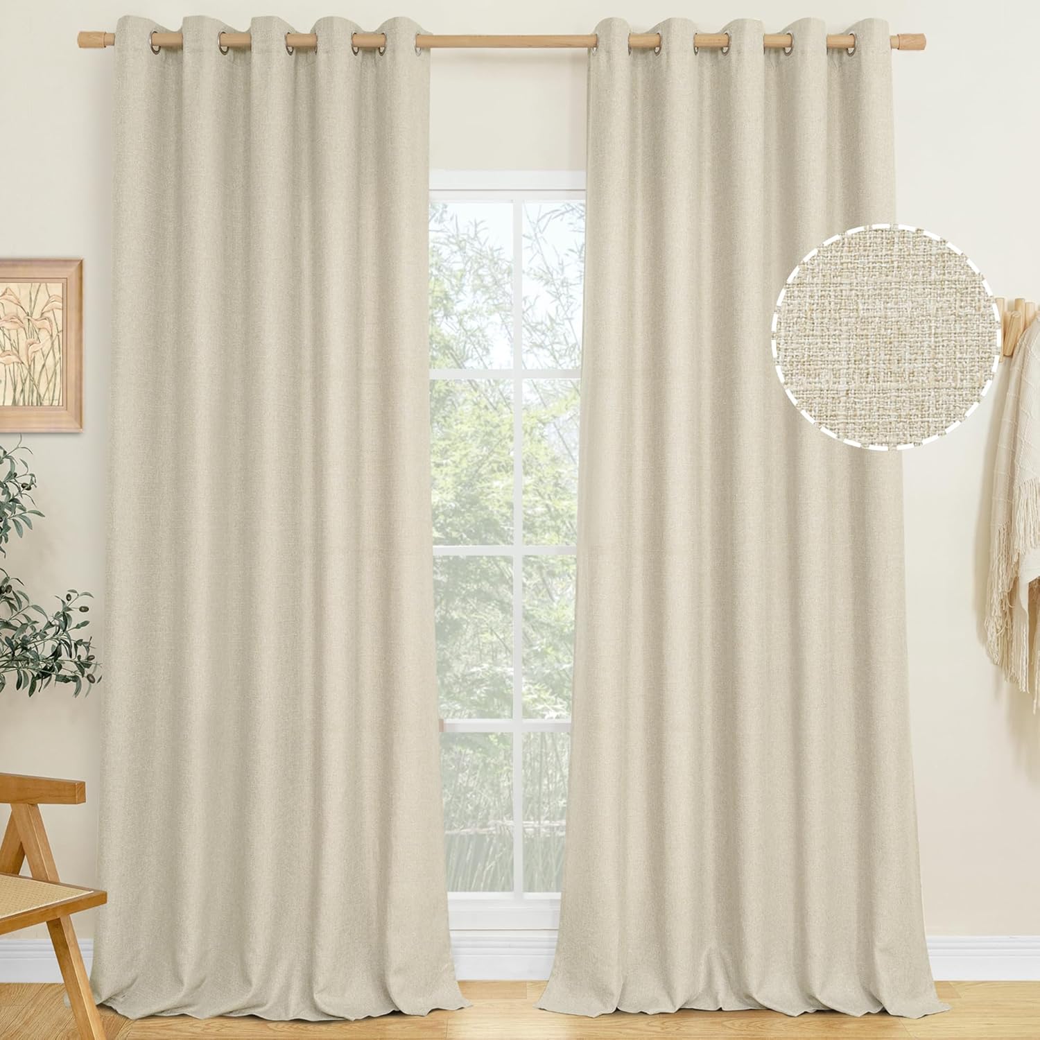 LAMIT Linen Curtains 84 inch Length 2 Panels, Grommet Thick Soft Light Filtering Curtains Privacy Living Room Window Drapes for Bedroom/Farmhouse, W52 x L84, Natural Beige