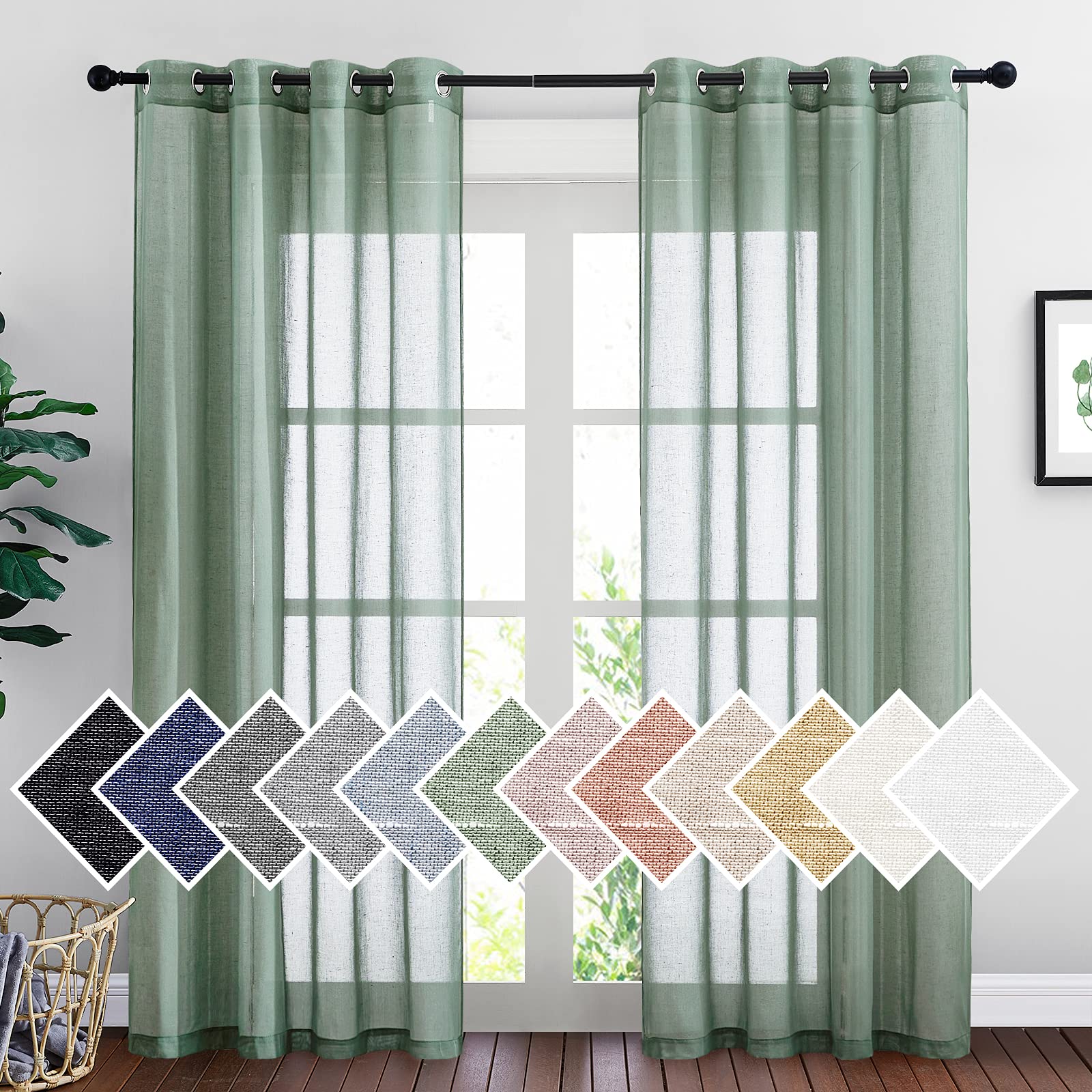NICETOWN Semi Sheer Linen Curtains for Bedroom 84 inches Long, Grommet Privacy Vertical Farmhouse Window with Light Filtering for Living Room, Natural, W52 x L84, 2 Pieces
