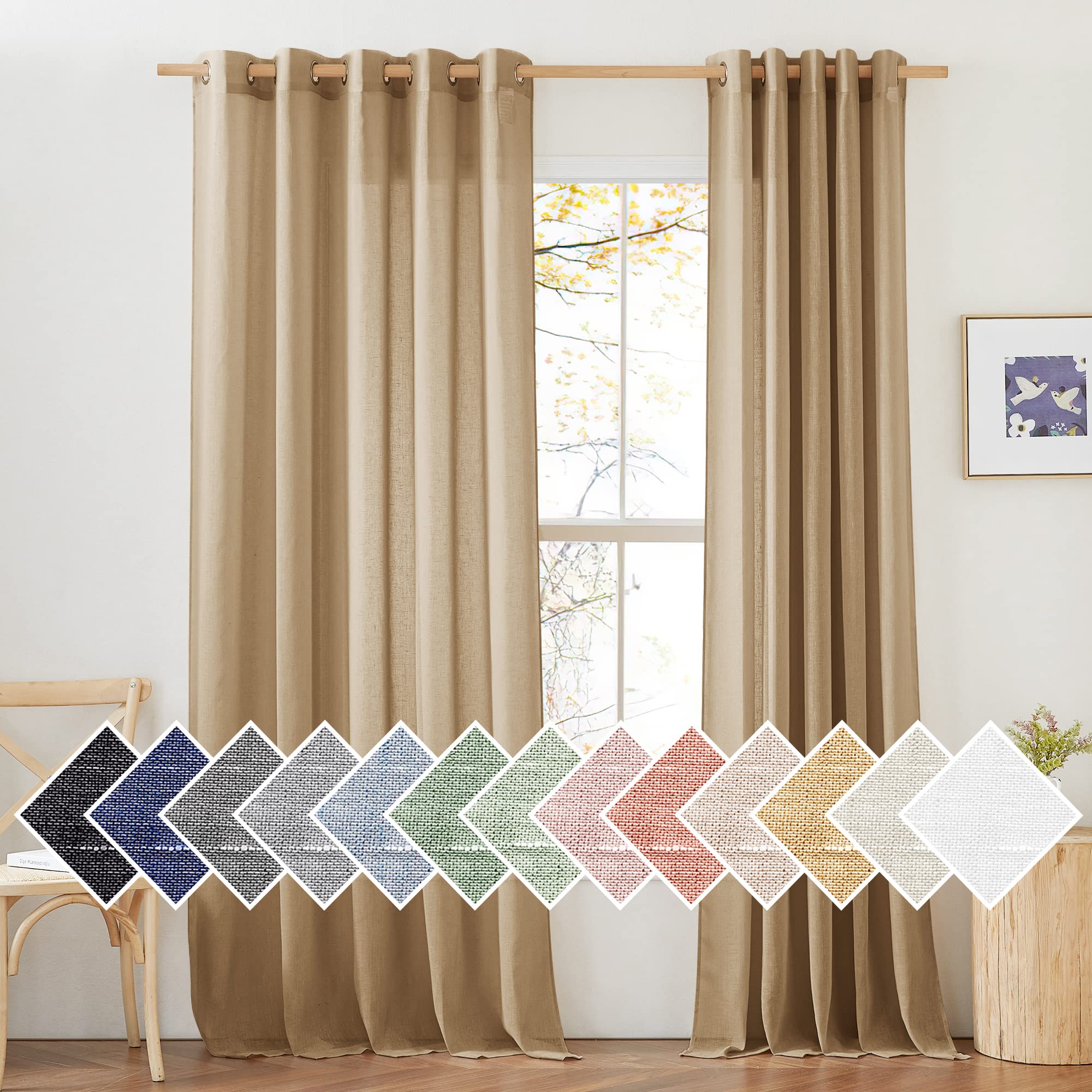 NICETOWN Semi Sheer Linen Curtains for Bedroom 84 inches Long, Grommet Privacy Vertical Farmhouse Window with Light Filtering for Living Room, Natural, W52 x L84, 2 Pieces