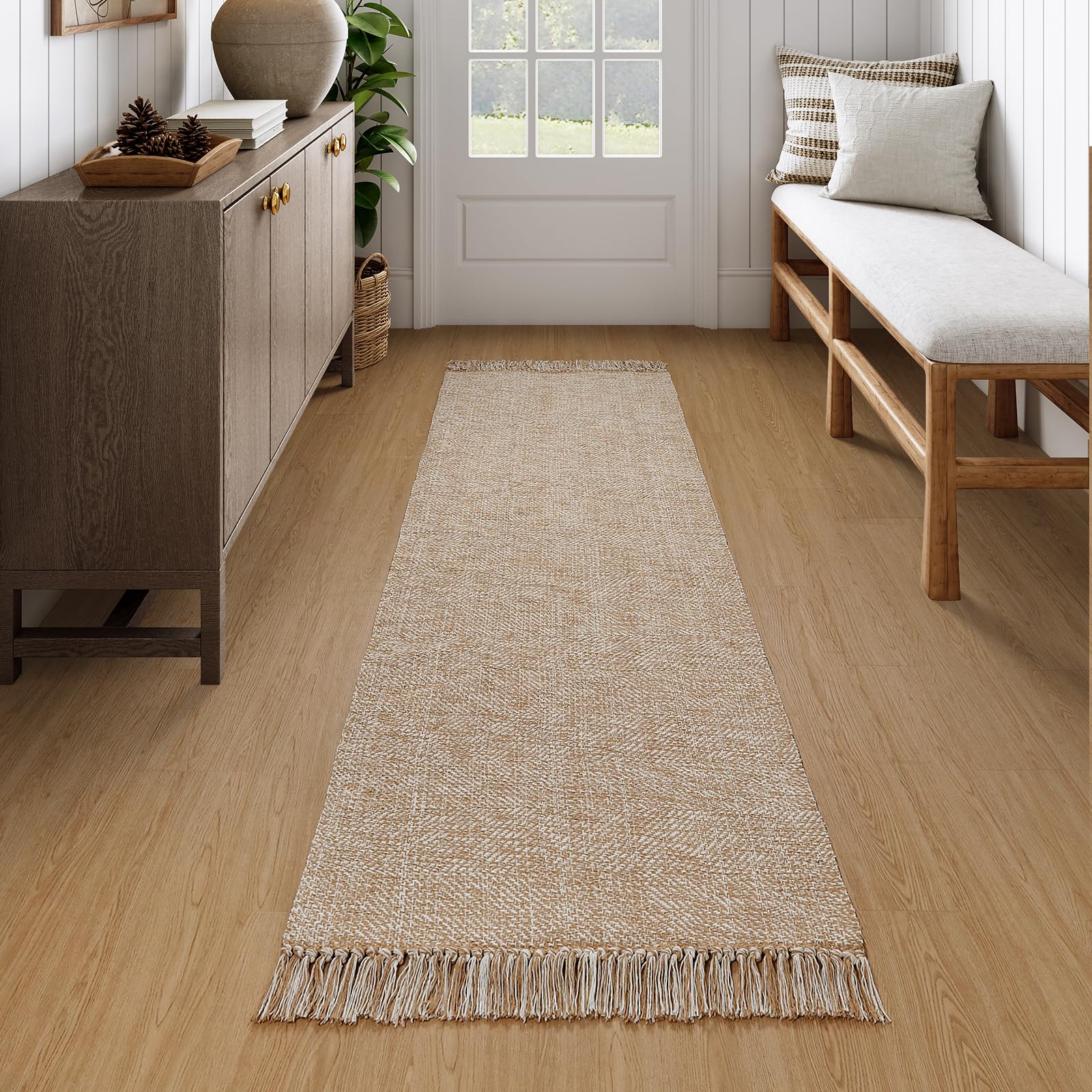 Collive Washable Area Rug 3' x 5', Modern Farmhouse Woven Kitchen Rugs, Tan/Cream Indoor Outddor Mat Braided Throw Carpet for Entryway Bedroom Nursery Laundry Living Room