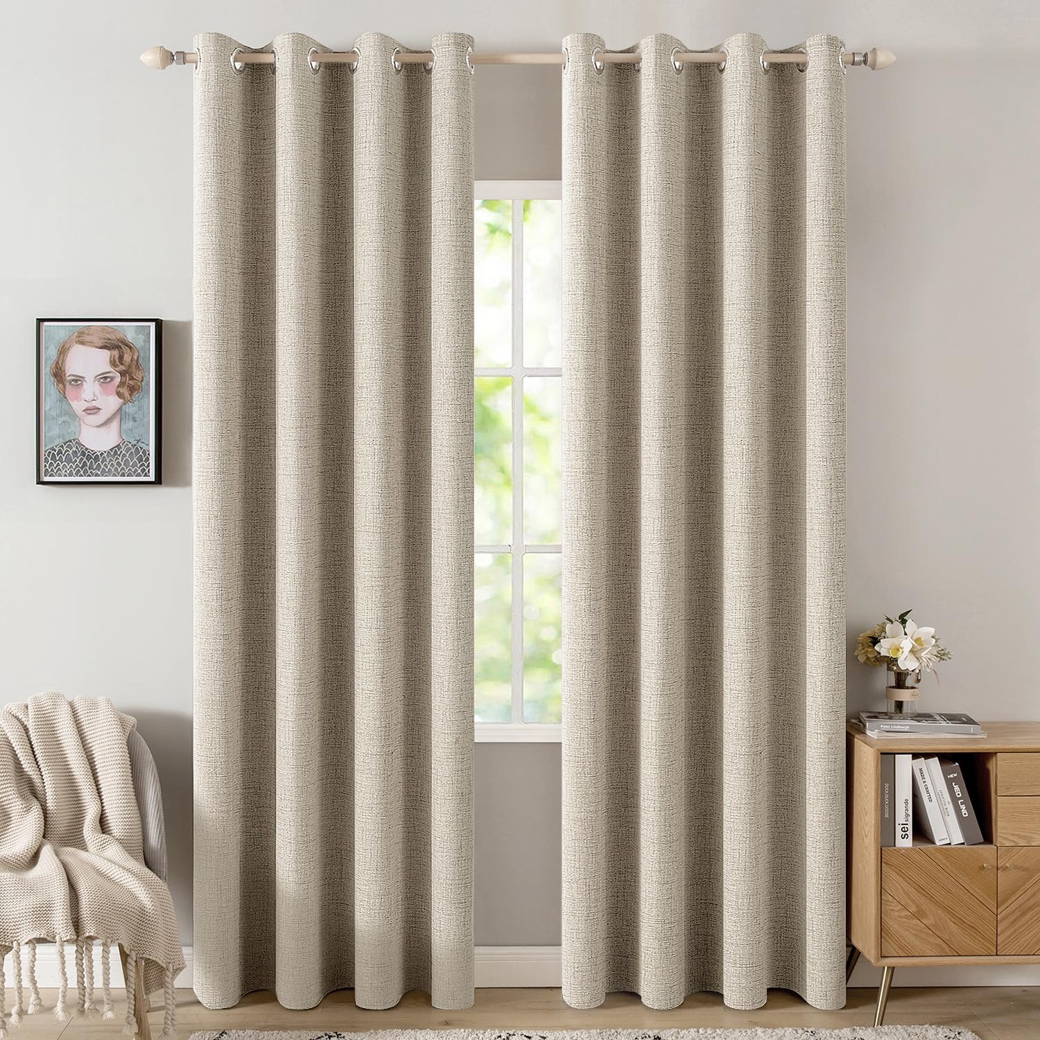 MIULEE 100% Blackout Linen Textured Curtains for Bedroom Solid Thermal Insulated Cream Grommet Room Darkening Curtains & Drapes Luxury Decor for Living Room Nursery 52 x 84 Inch (2 Panels)