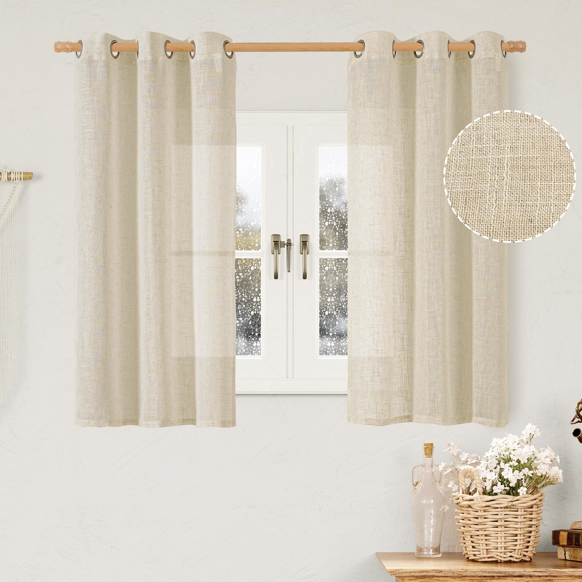LAMIT Natural Ivory Linen Semi Sheer Curtains 84 inch Length, Cream Light Filtering Soft Thick Neutral Living Room Drapes with Bronze Grommet for Bedroom/Farmhouse, 2 Panels, 52 x 84 Inch