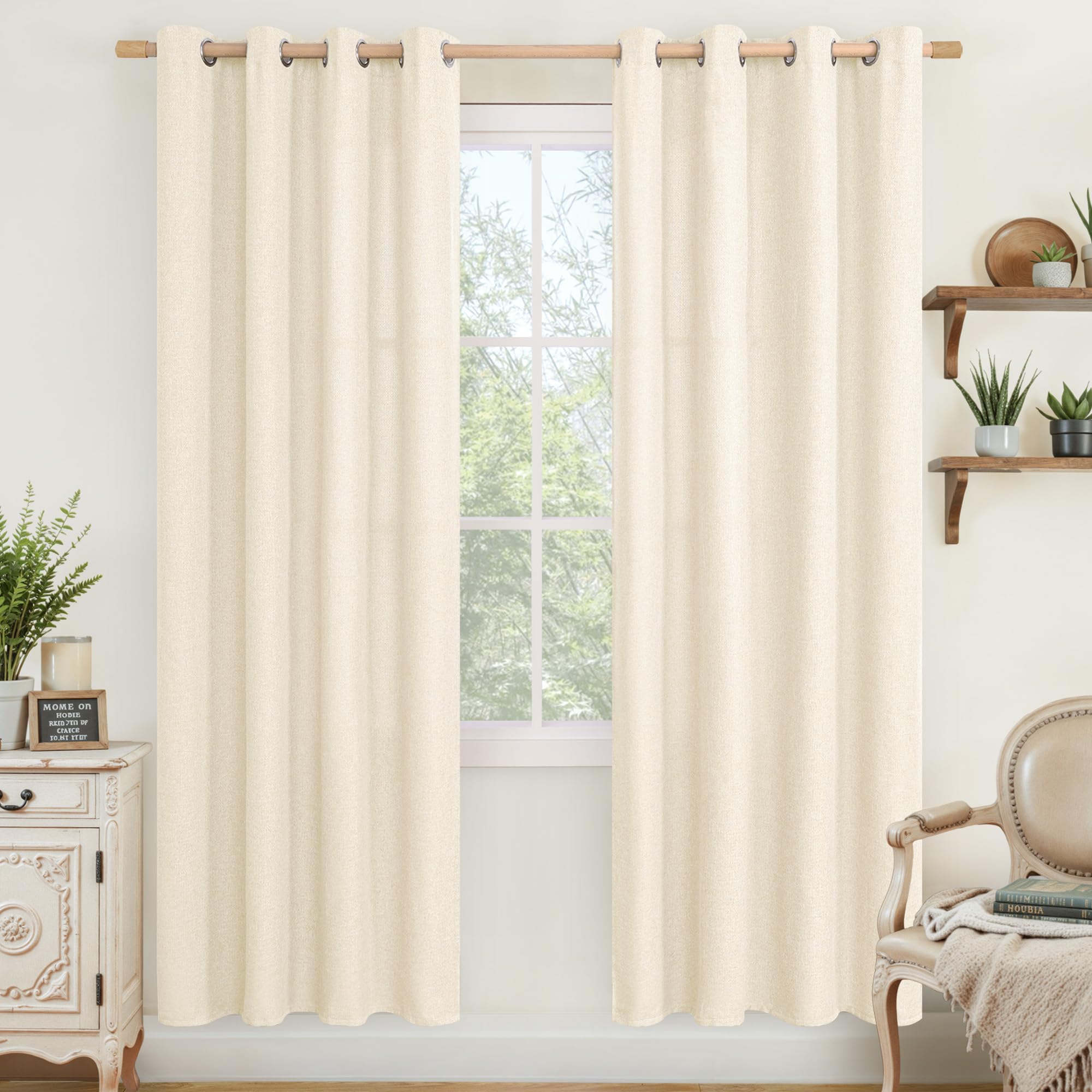 LAMIT Linen Curtains 84 inch Length 2 Panels, Grommet Thick Soft Light Filtering Curtains Privacy Living Room Window Drapes for Bedroom/Farmhouse, W52 x L84, Natural Beige