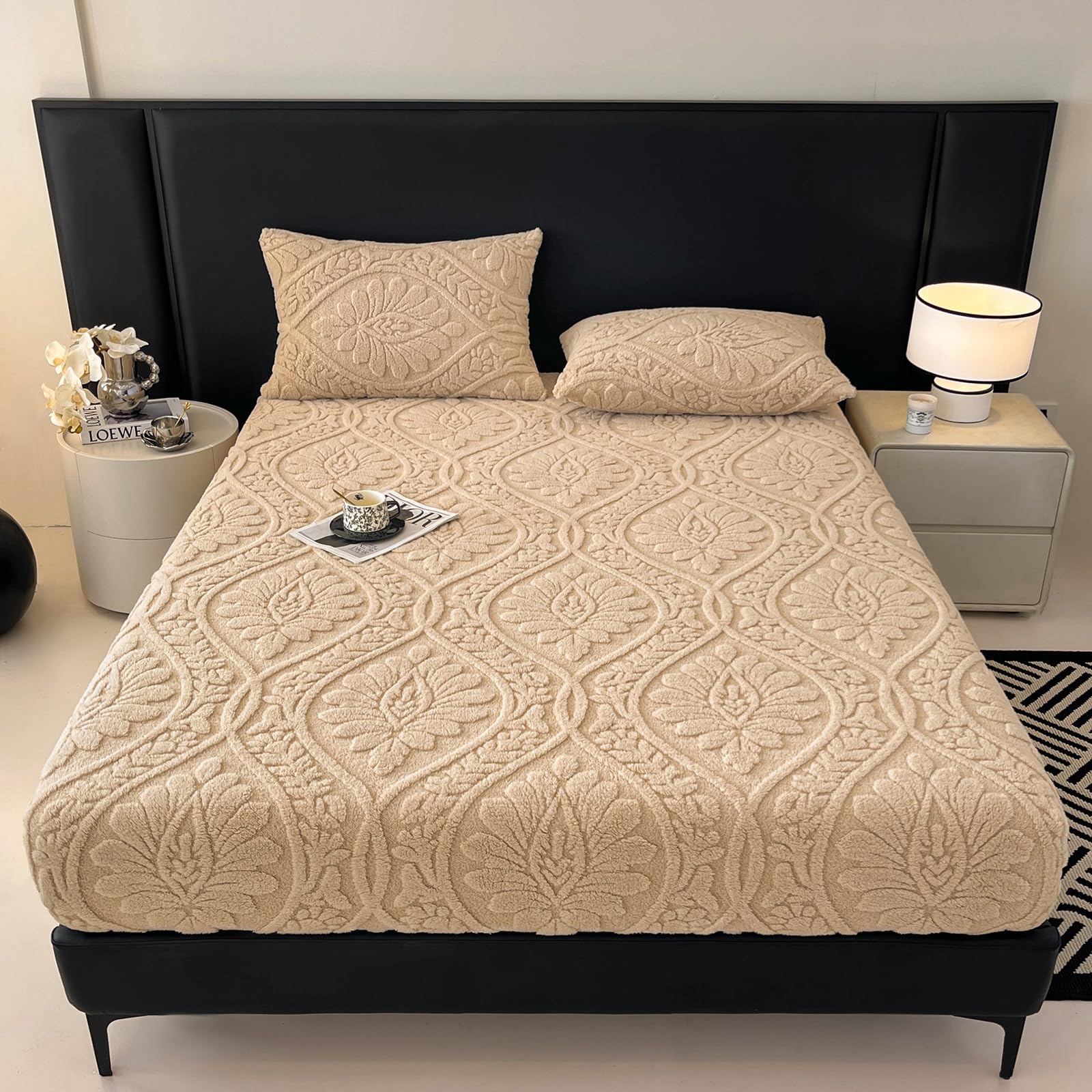 LweiPsqLin Fluffy Velvet Fitted Sheet Full Size - Micro Fleece Bed Sheet with 15" Deep Pockets, Bohemian Floral Jacquard Mattress Cover, Shrink & Fade Resistant, Khaki