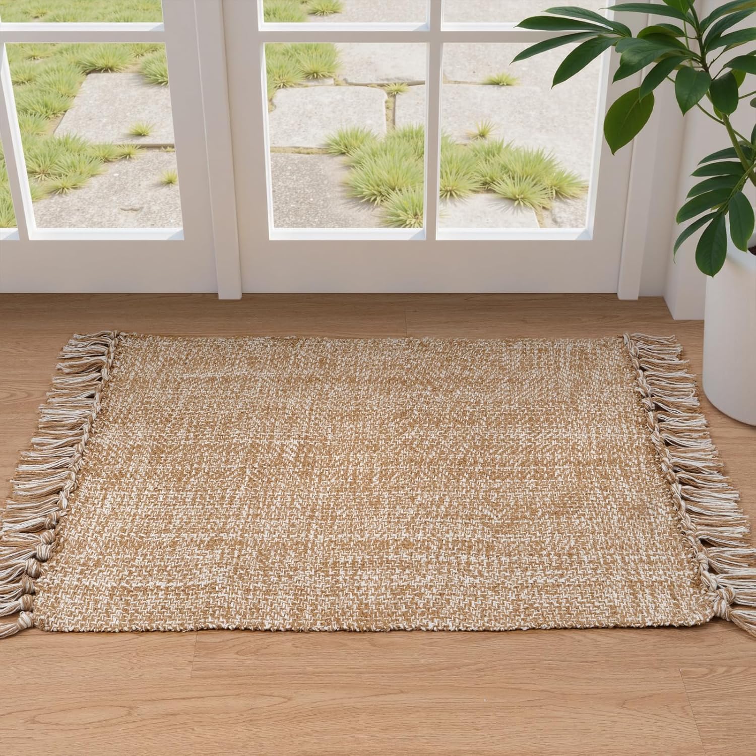 Collive 4x6 Area Rug, Natural/Black Woven Cotton Washable Modern Bedroom Rugs, Boho Dining Room Door Rug Carpet with Tassel for Living Room Nursery Room Office, Outdoor Rug for Patio Hallway Decor