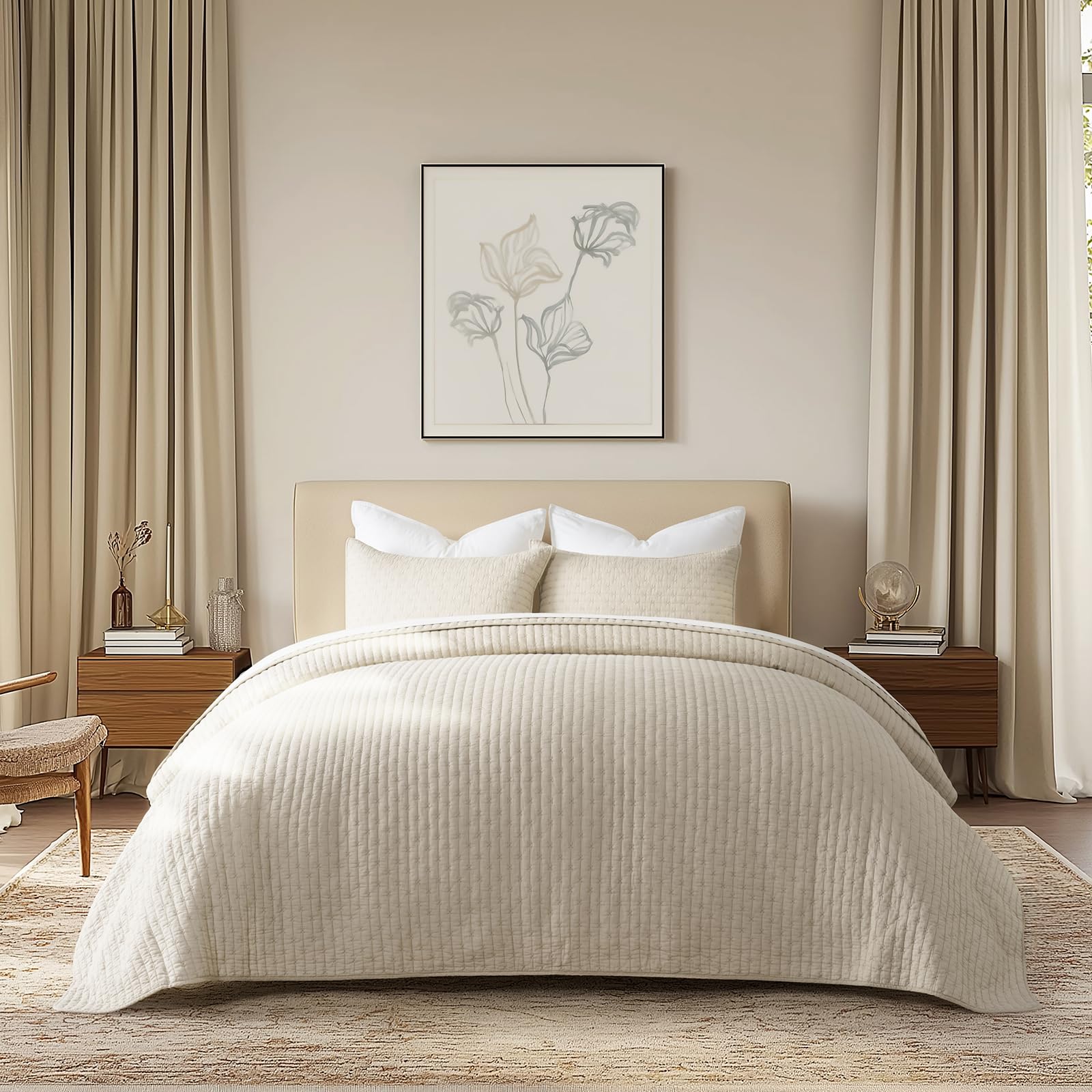 EVERGRACE Cotton Border Frame Tack-Stitch Quilt Bedding Set King Size, Coastal Oversized 3 Pieces Lightweight Bedspread Coverlet for All Season, with 2 Matching Shams, Blue Linen | Pick-Stitch Channel, Border Frame, Pre Washed, Oeko-Tex Certified, 100% Co