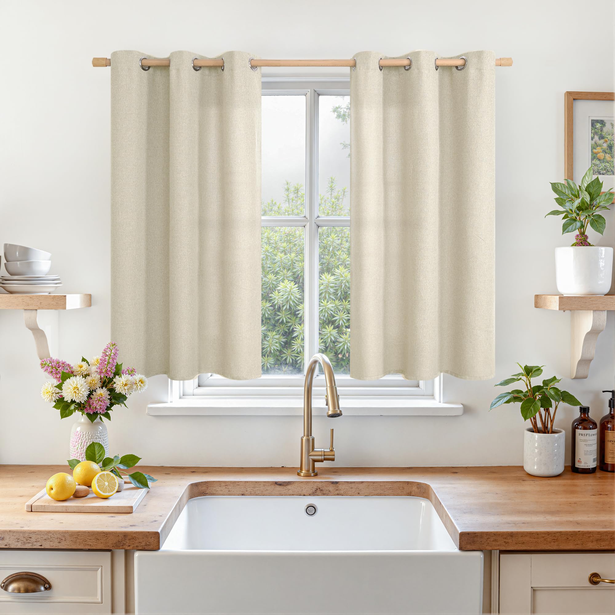 LAMIT Linen Curtains 84 inch Length 2 Panels, Grommet Thick Soft Light Filtering Curtains Privacy Living Room Window Drapes for Bedroom/Farmhouse, W52 x L84, Natural Beige