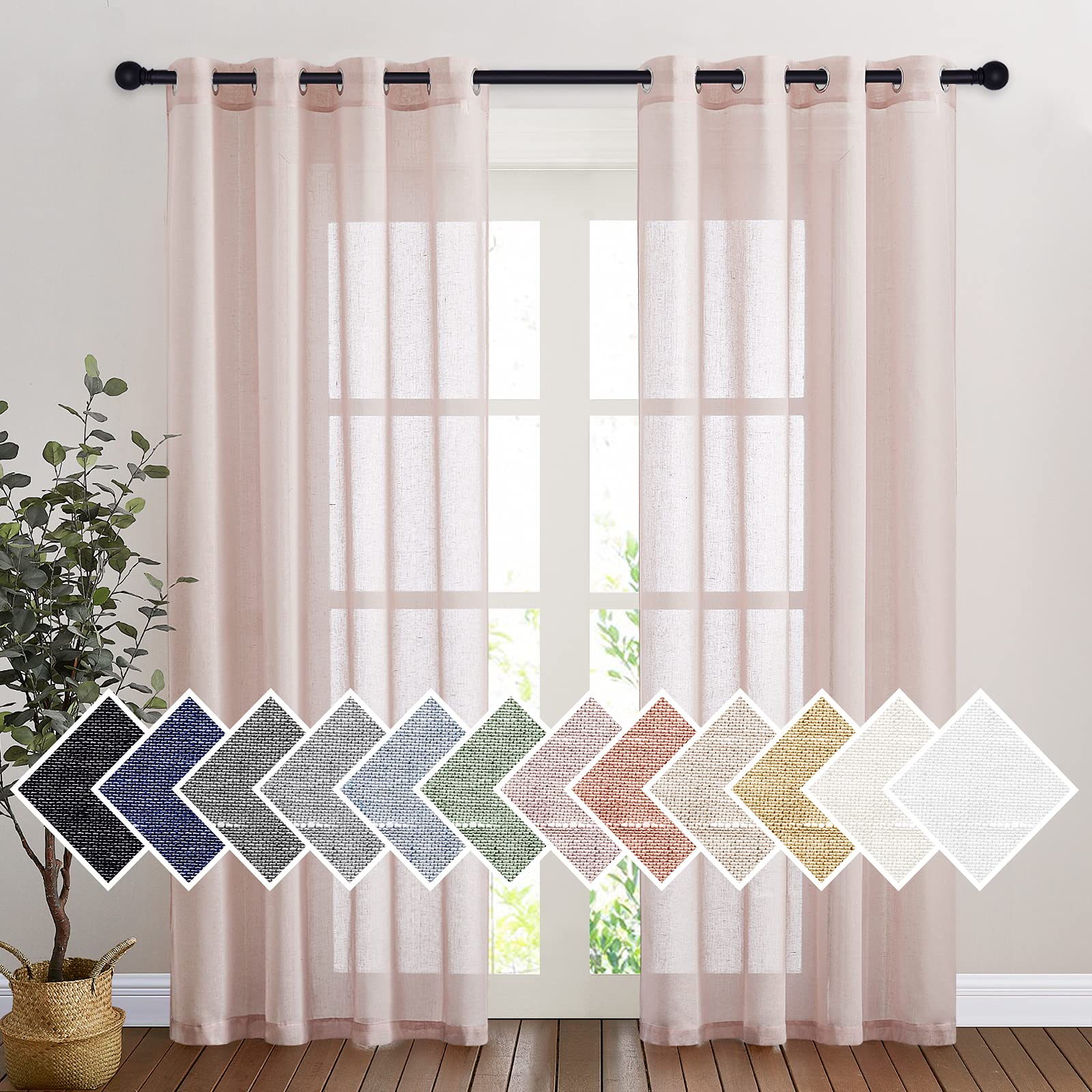 NICETOWN Semi Sheer Linen Curtains for Bedroom 84 inches Long, Grommet Privacy Vertical Farmhouse Window with Light Filtering for Living Room, Natural, W52 x L84, 2 Pieces